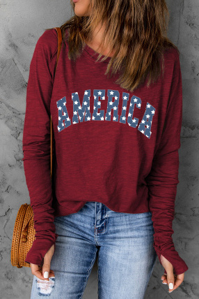 Red Starry America Print Thumbhole Long Sleeve Top