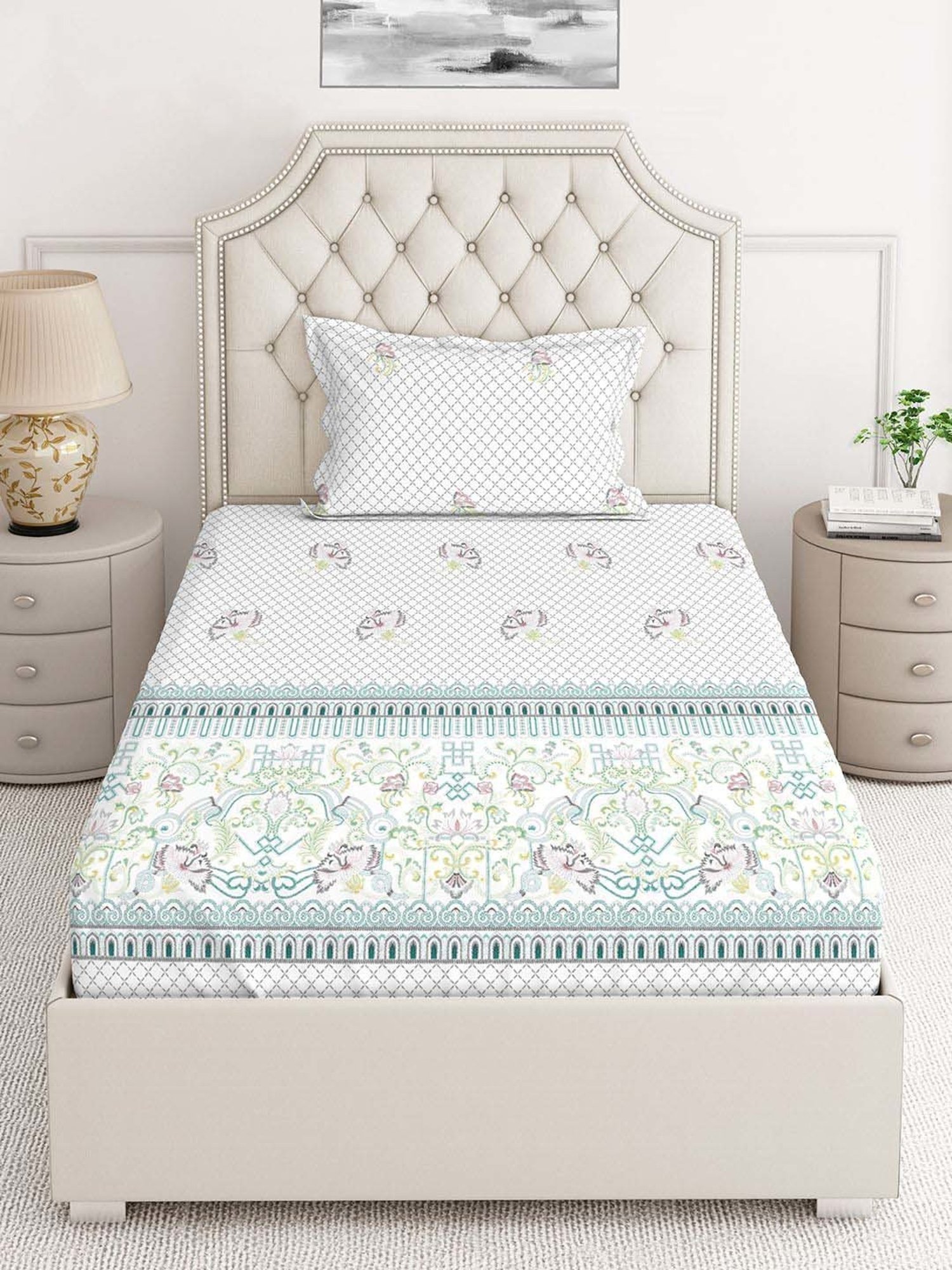 Layers Duracount White Cotton Blend 225 TC Single Size Bed Sheet with Pillow Cover