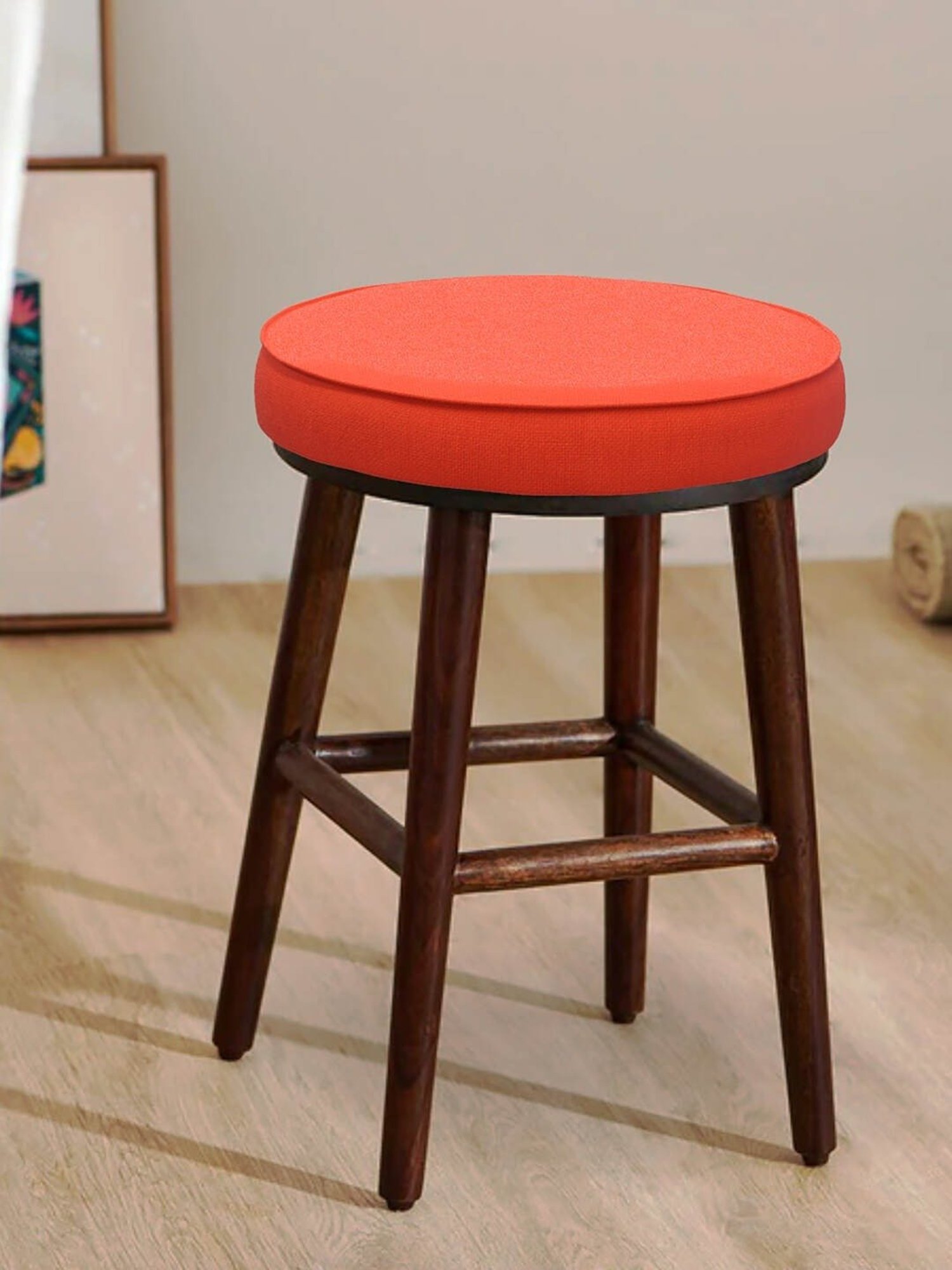 Chumbak English Carribean Solid Coral Orange Wood Cafe Stool