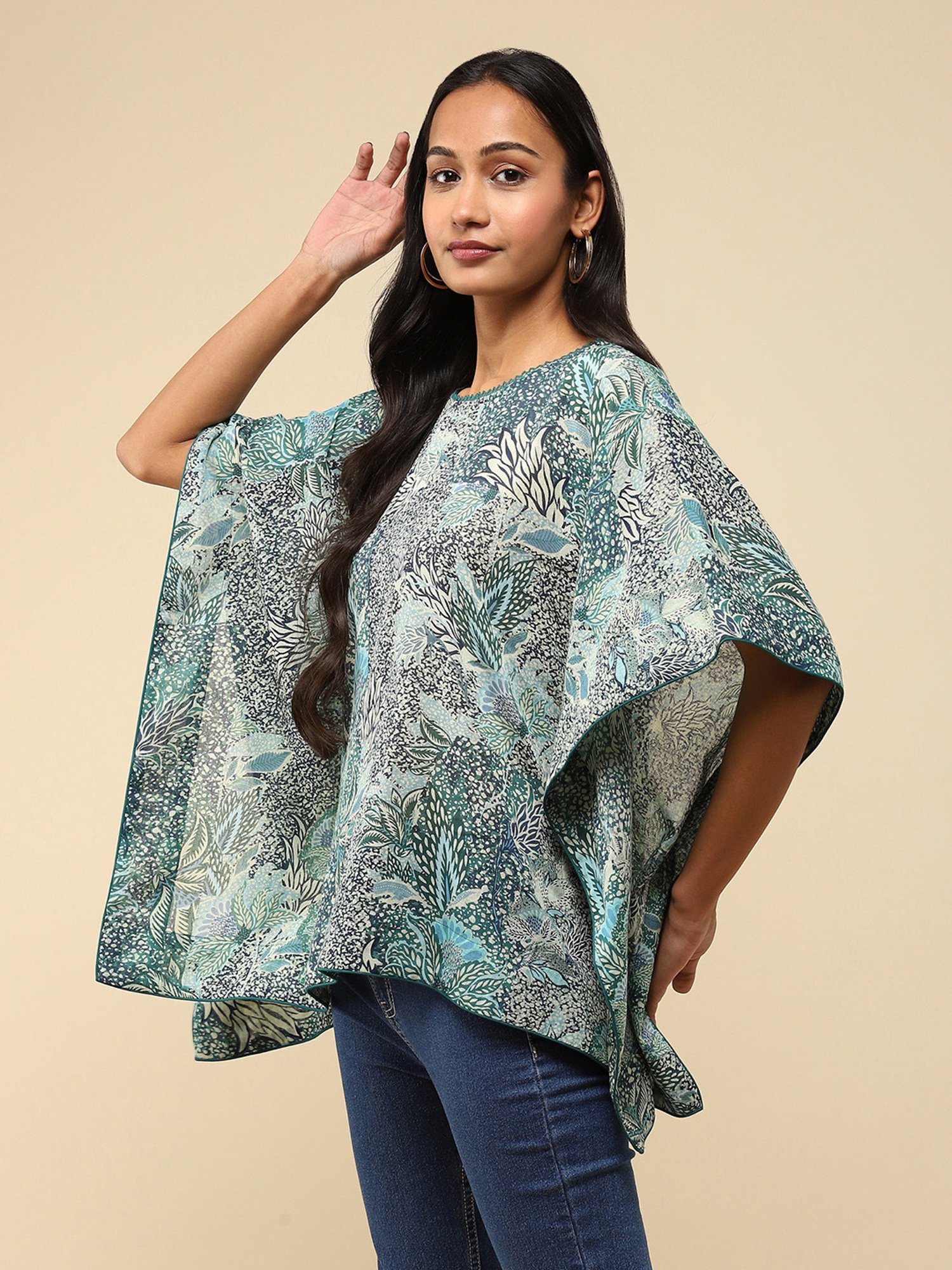 aarke Ritu Kumar Green & Blue Cotton Floral Print Kaftan