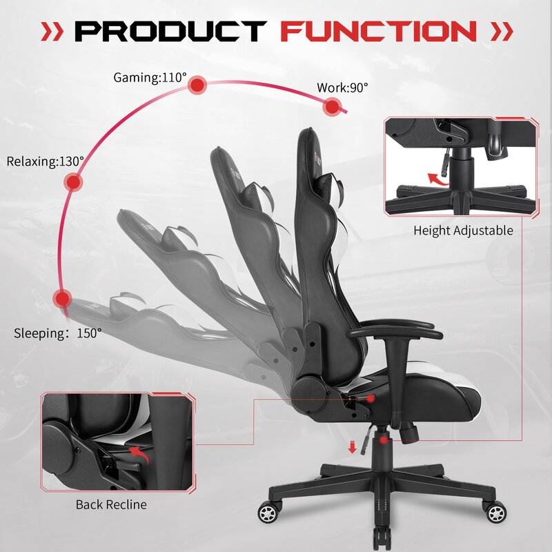 Furmax Gaming Office Chair Ergonomic High-Back Racing Style Adjustable Height Executive Computer Chair, PU Leather Swivel Desk Chair (Black/Grey)