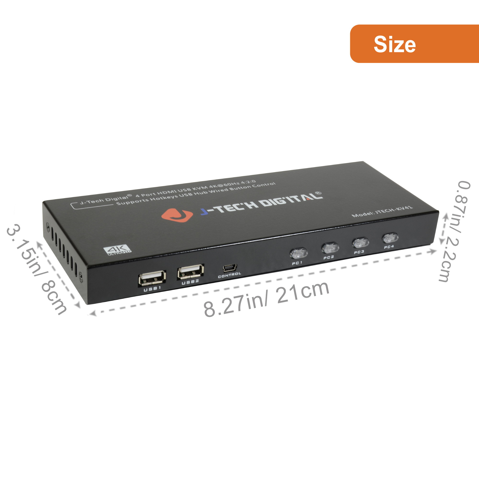 J-Tech Digital JTECH-KV41 4-Port HDMI USB KHDMI KVM Switch 4 Ports 4K@60Hz 4:2:0 HDMI and USB Cables Support Quick Switch USB 2.0 Hub HotKey Push Button Wired Desktop Controller Auto Scan