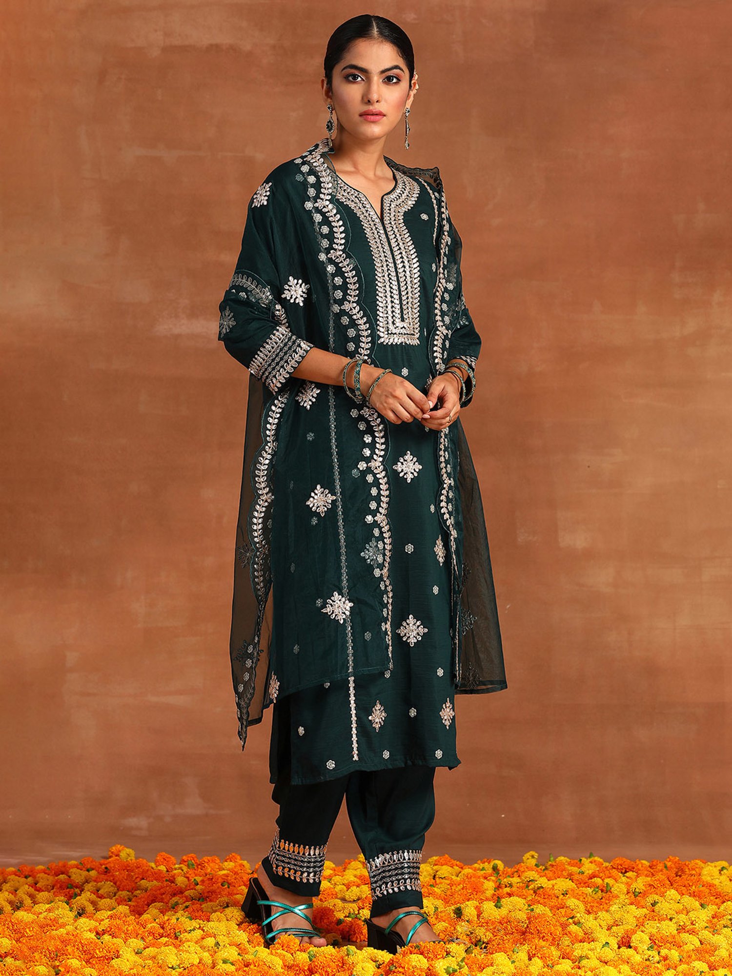 Indo Era Green Embroidered Kurta With Pant & Dupatta
