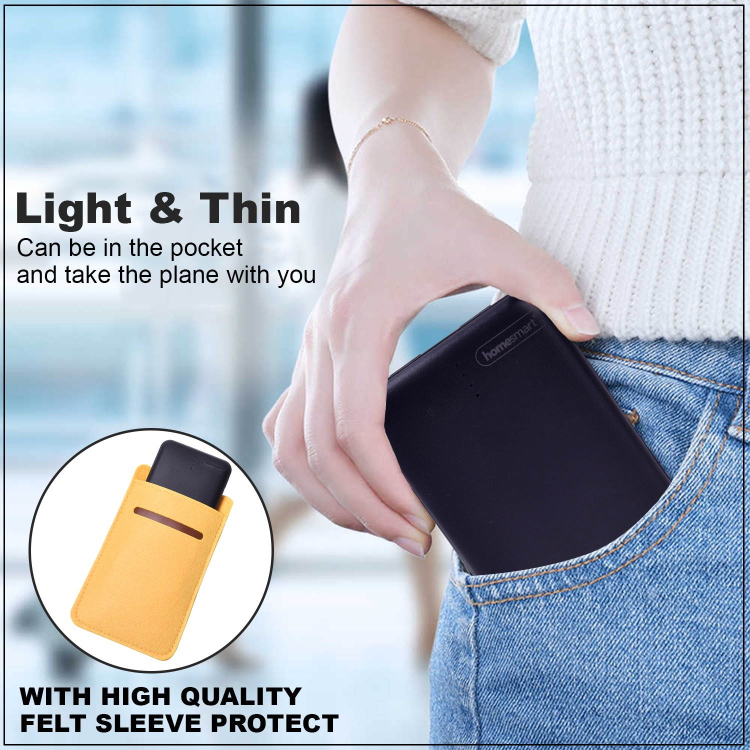 Shop LC 10000mAh Power Bank with 2 in 1 Charging Cable Yellow Felt Sleeve Portable USB Charging Cable Carabiner Emergency Power House Backup