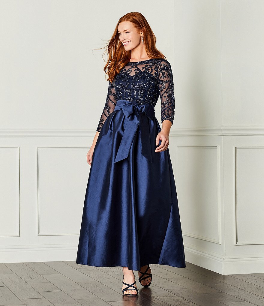 Pisarro Nights Beaded Bodice Jewel Neck Taffeta Ball Gown