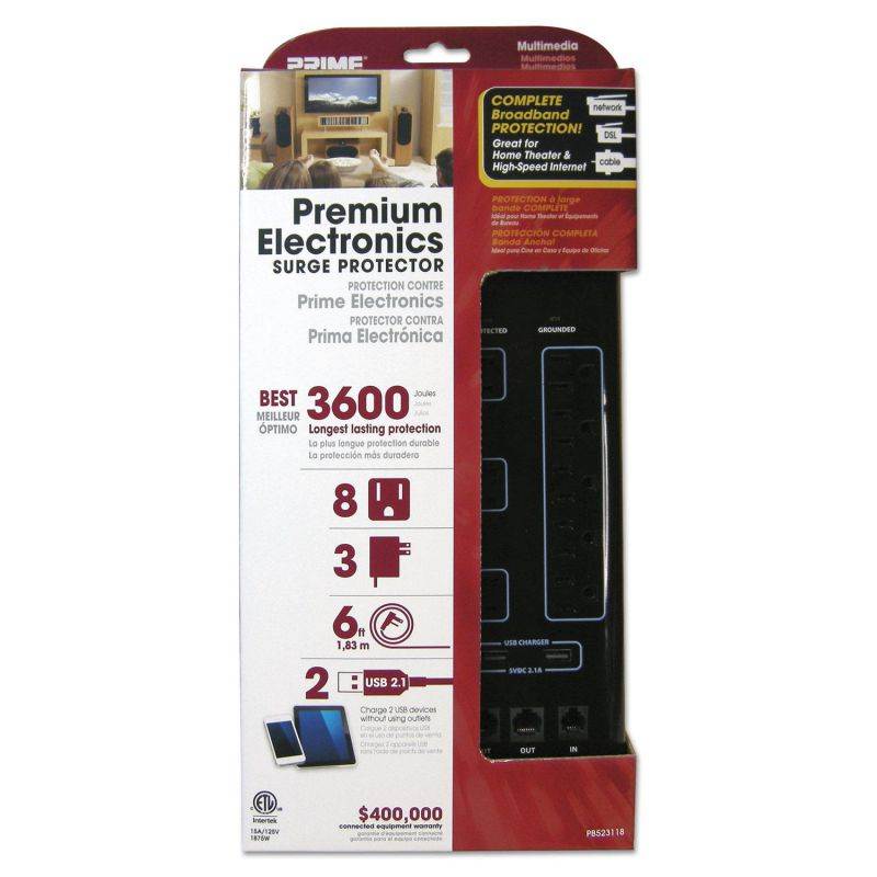 Home Entertainment Surge Protectors 8 Outlets 6 ft Cord 3600 J Black