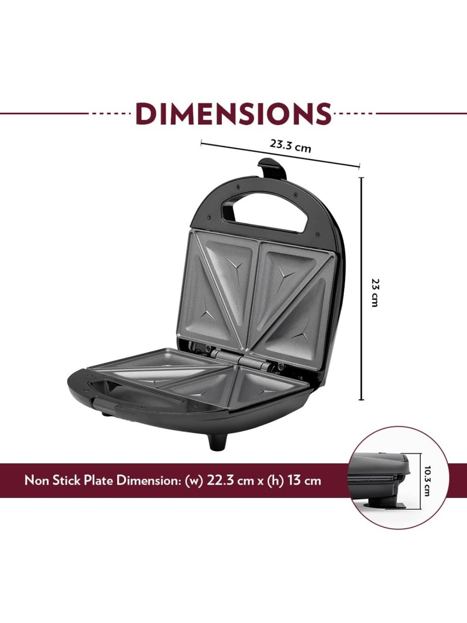 Borosil Sandwich Maker 700W Non Stick Coating (Black)