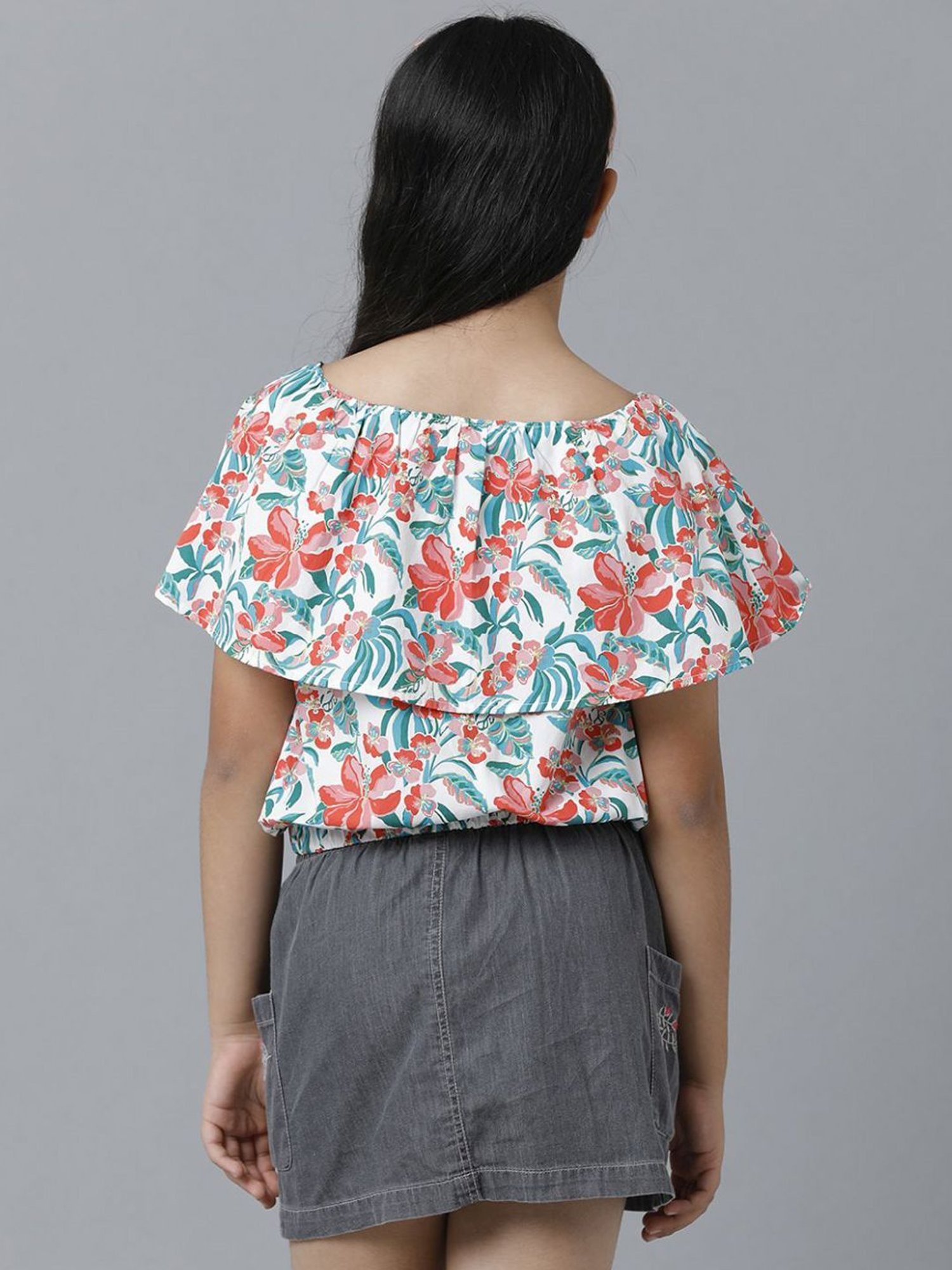 Under Fourteen Only Kids White & Red Cotton Floral Print Top