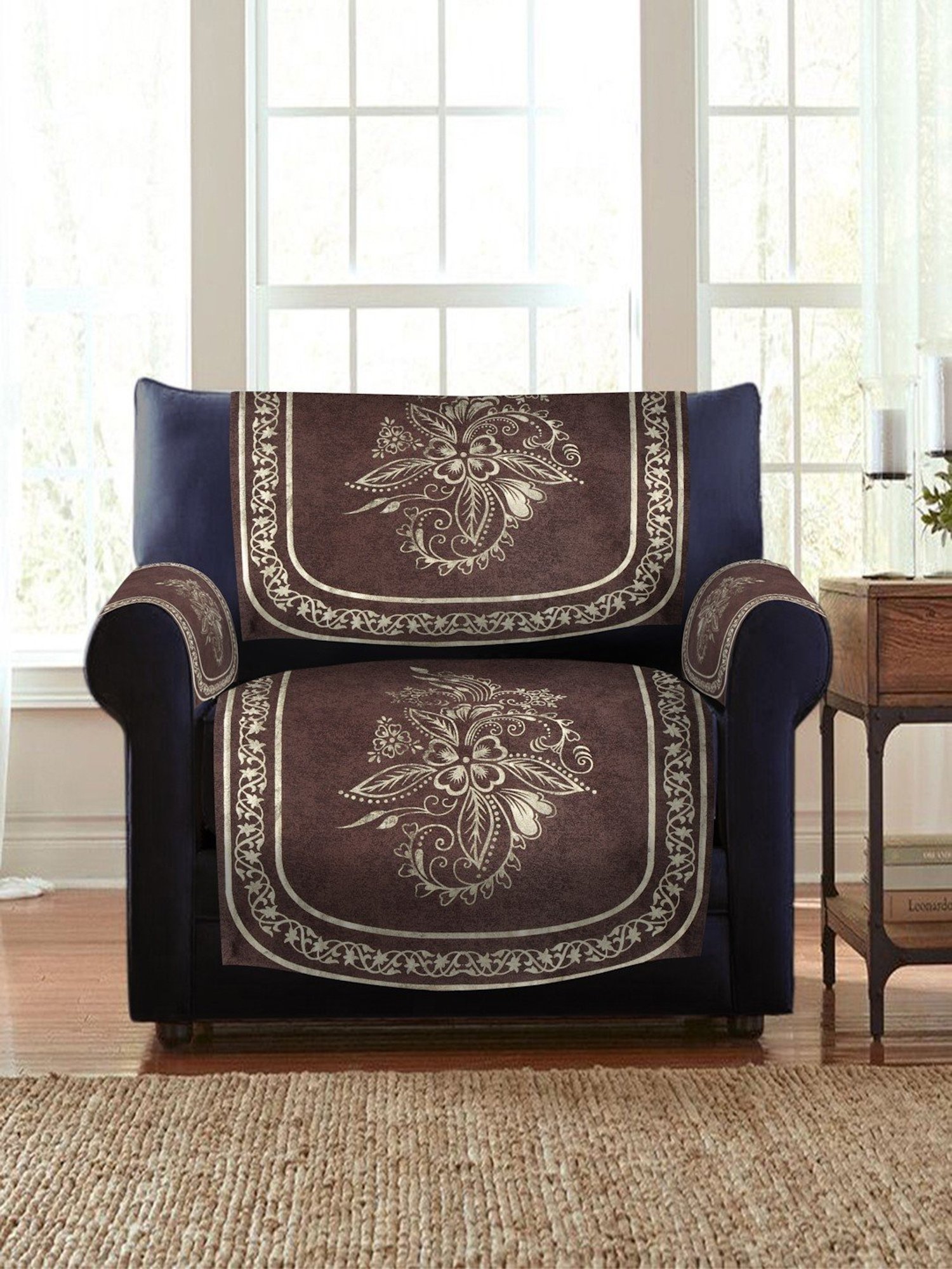 HOSTA HOMES Coffee Brown Velvet 5 Seater Sofa Cover with Arm Rest