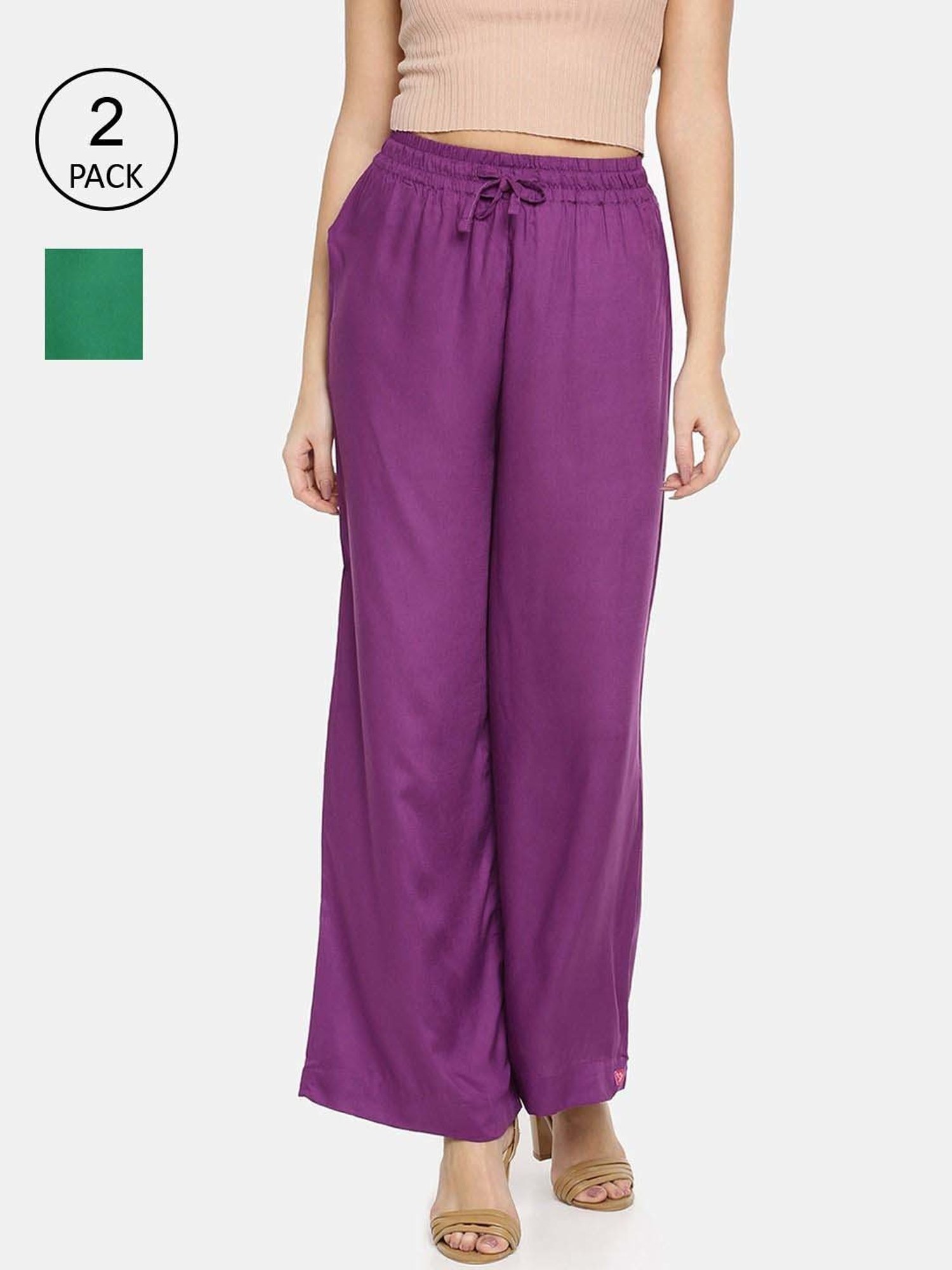 TWIN BIRDS Green & Purple Mid Rise Palazzos - Pack Of 2