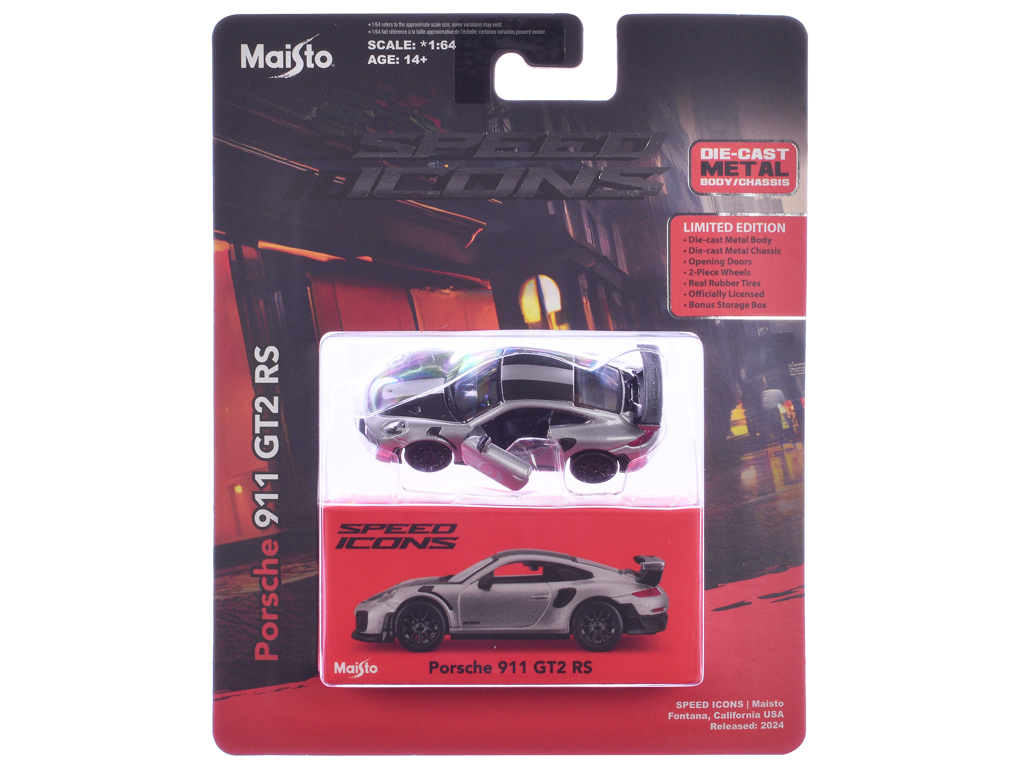 Porsche 911 GT2 RS Silver Metallic with Carbon Stripes "Speed Icons" Series 1/64 Diecast Model Car by Maisto
