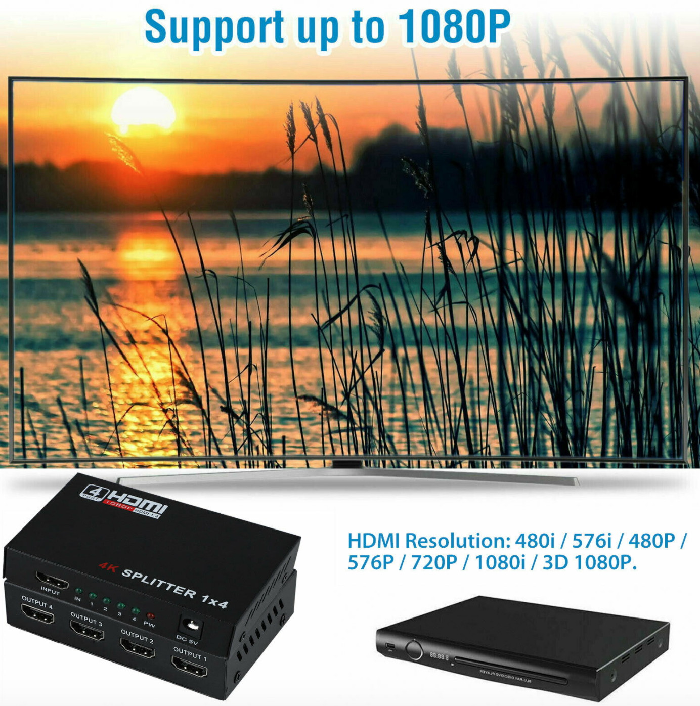 HDMI Splitter 1 in 4 out Full HD 4 Port Hub Repeater Amplifier v1.4 3D 4K 1080p