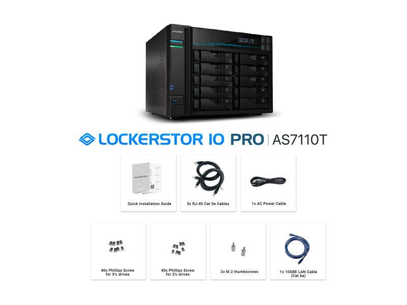 Asustor AS7110T | Lockerstor 10 Pro | Enterprise Network Attached Storage | 3.4GHz Quad-Core, One 10GbE Port, Three 2.5GbE Port, 8GB RAM DDR4 (10 Bay Diskless NAS)
