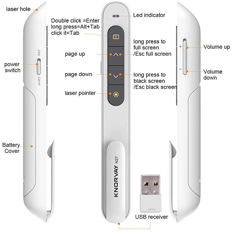 N27 Laser Pointer Presentation Clicker for Powerpoint Hyperlink Volume Control Presentation Remote PowerPoint Clicker Slide Advancer White