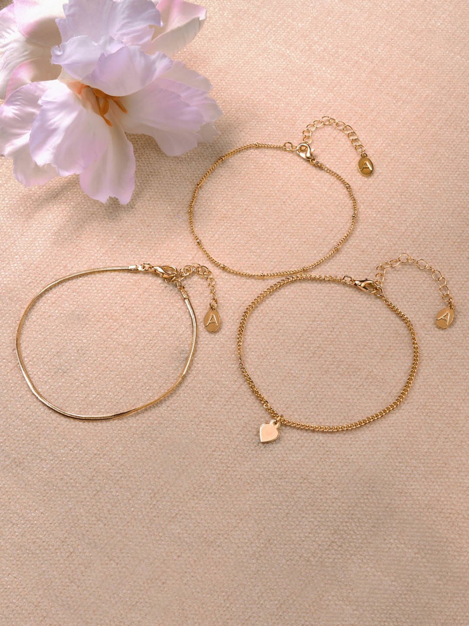 Accessorize London Gold Heart Chain Anklets for Women - Set of 3