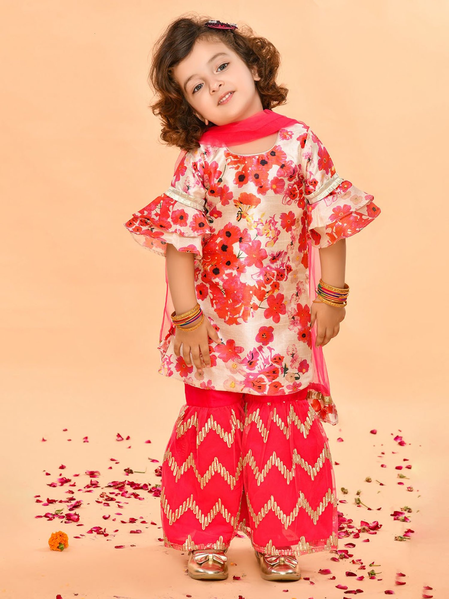Saka Designs Kids Pink & Ivory Floral Print Kurta with Sharara & Dupatta