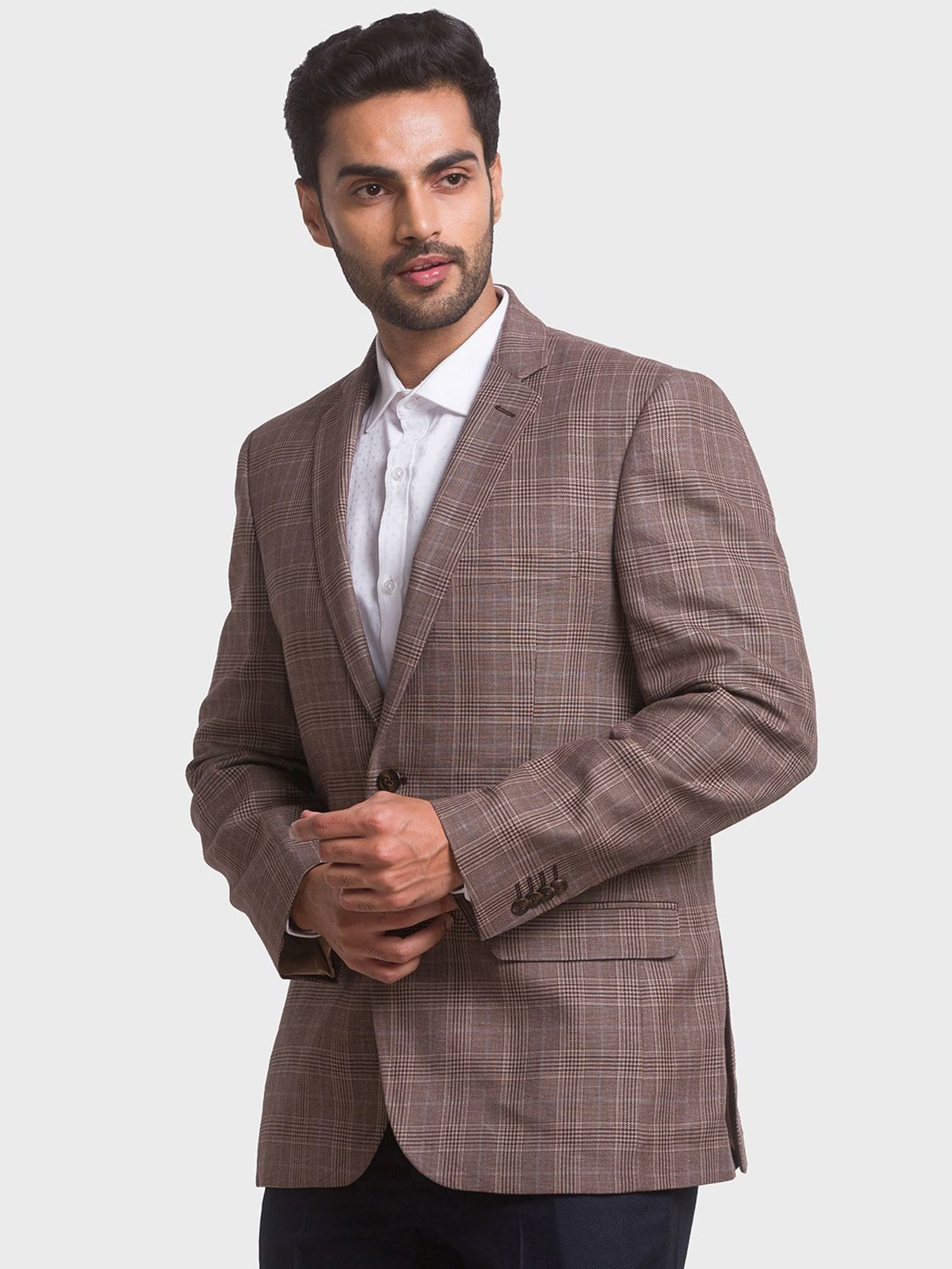 ColorPlus Brown Linen Regular Fit Checks Blazer