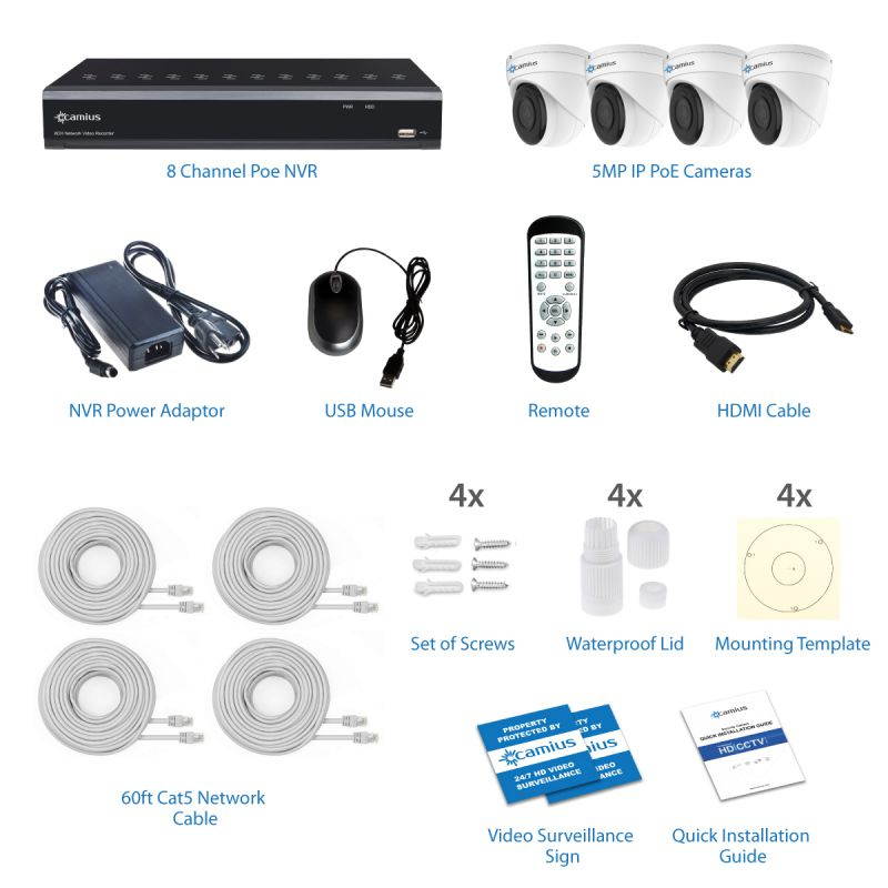 Camius 4K 8 Channel NVR Security System with 4 Wired Audio Video PoE Dome IP Cameras, wide angle, Night Vision, PC, Mac Software, Browser, Phone App (sold without a hard drive) 8P4I