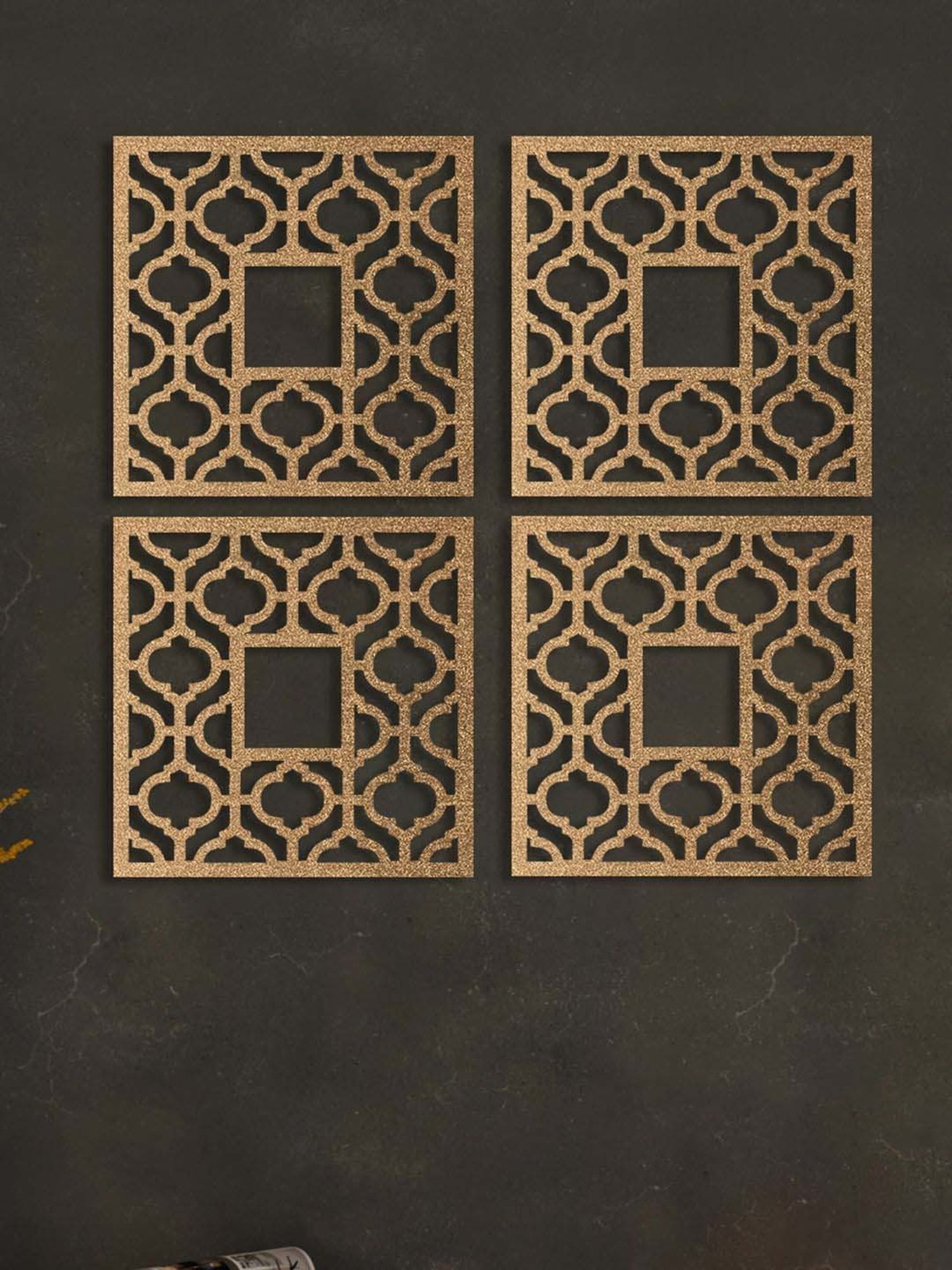 Art Street Gold Mdf Jharokha Jali Square Hanging Wall Art - Set of 4