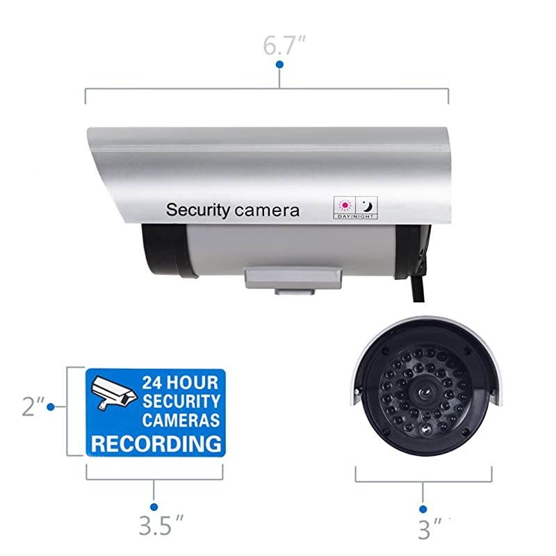 Bullet Dummy Fake Surveillance Security CCTV Dome Camera Indoor Outdoor with 30 Illuminating LED Light and Security Alert Sticker Decals S304 4 Packs Silver