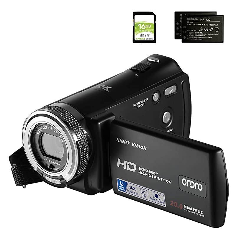 Camcorders  HDV-V12 HD 1080P Video Camera Recorder Infrared Night Vision Camera Camcorders with 16G SD Card and 2 Batteries