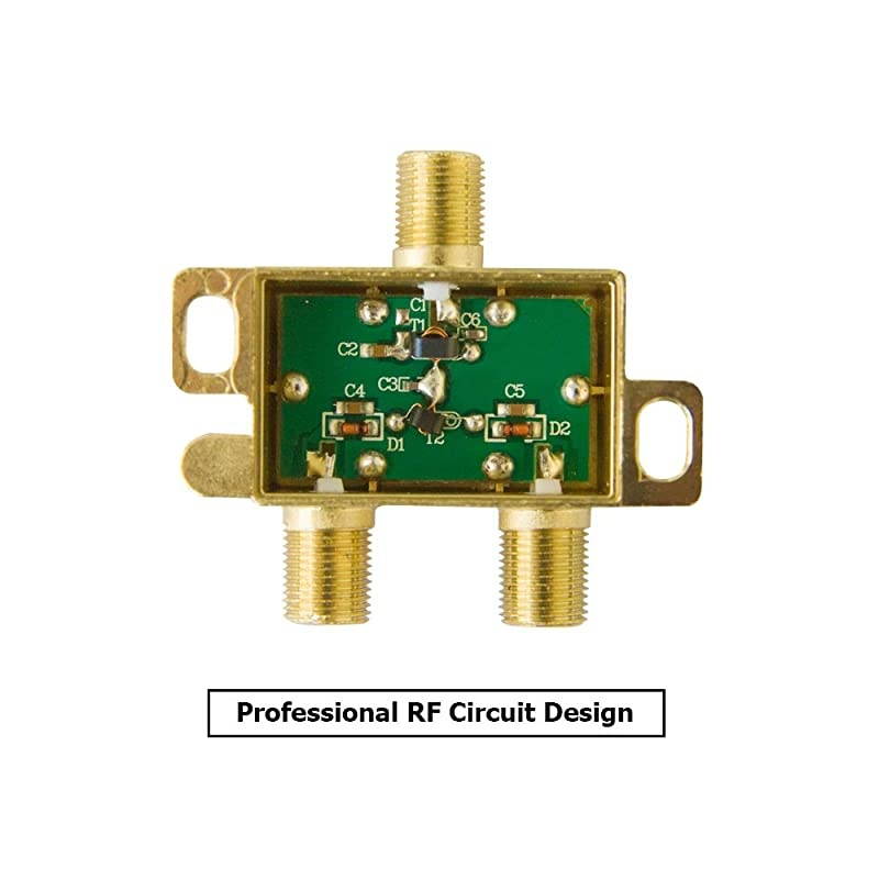 LowLoss 2 Way Coaxial Splitter for TV Antenna and Satellite 18K GoldPlated Chassis 2GHz 52050MHz All Port DC Power Passing