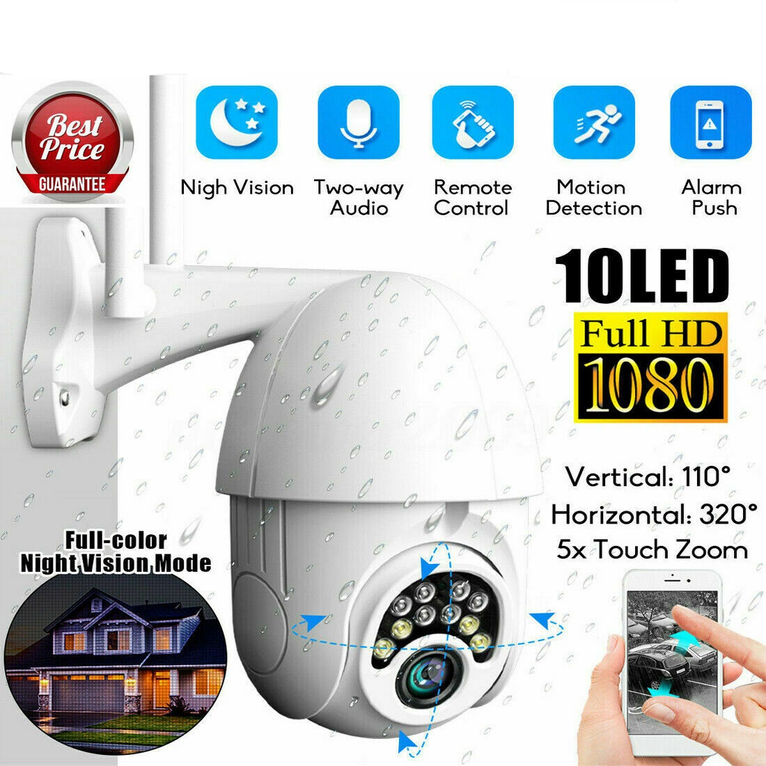 Wireless Outdoor Security Camera, 1080P HD 360 Degree Rotation WiFi Security Camera Wireless for Home Surveillance System with Color Night Vision, PIR and Radar Dual Detection, 2-Way Audio