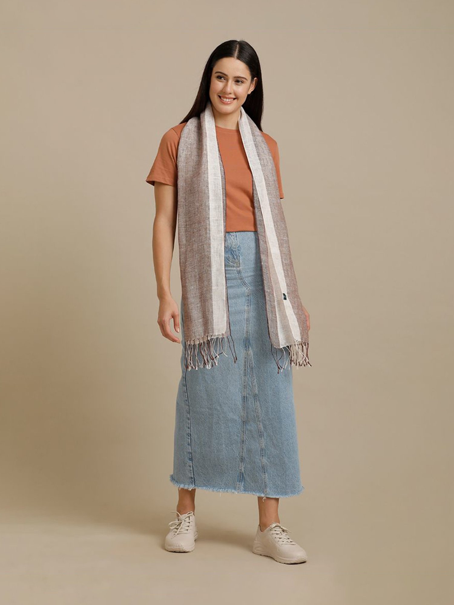 Linen Club Brown Striped Pure Linen Stole