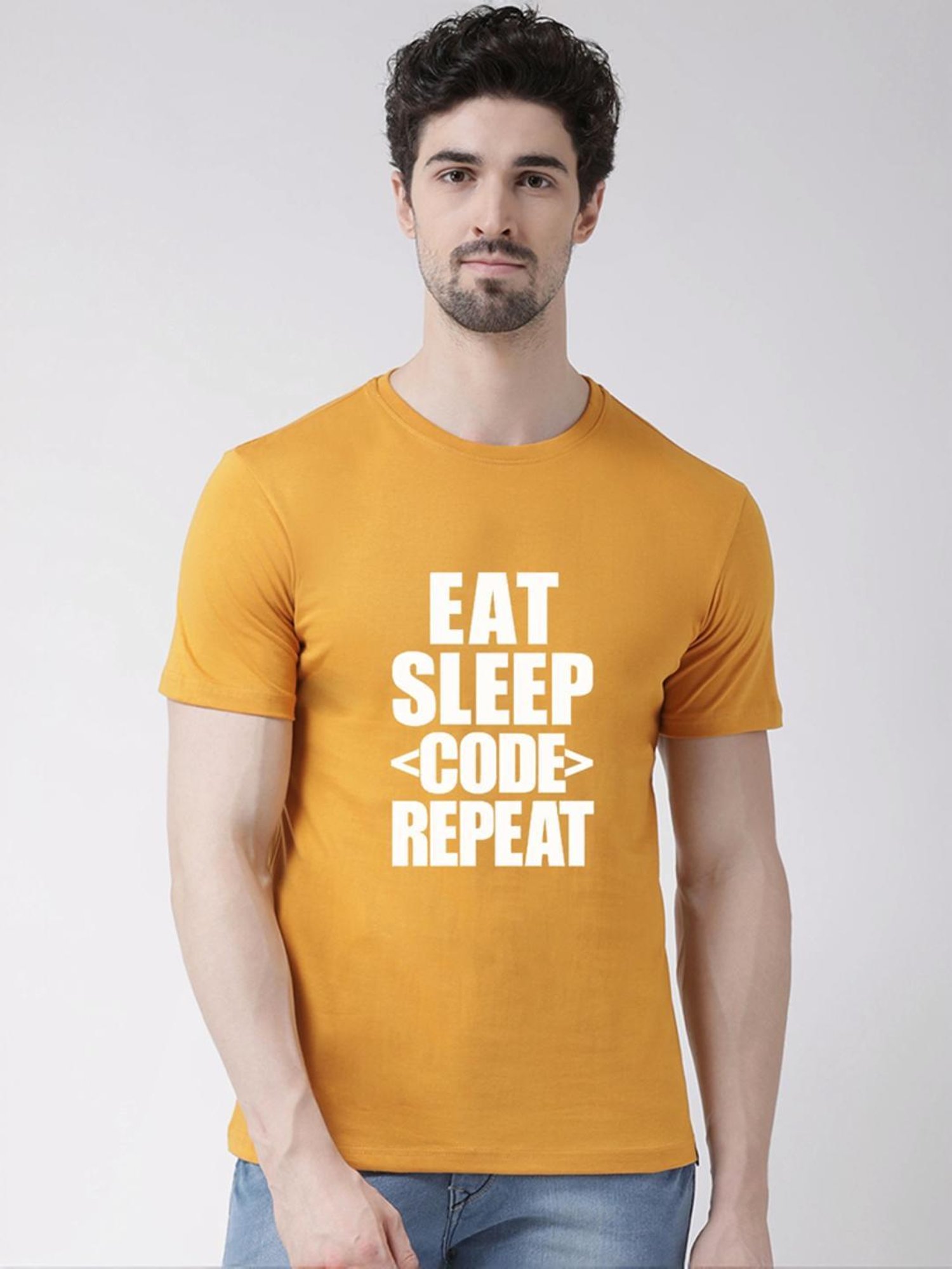 Friskers Mustard Cotton Slim Fit Printed T-Shirt