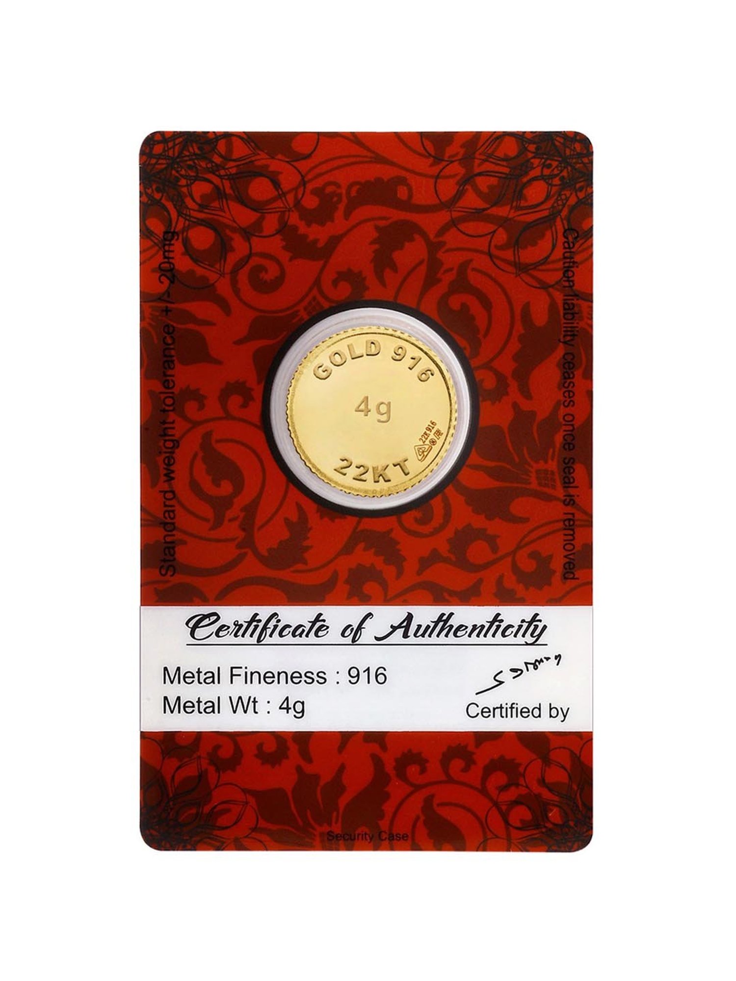 Bangalore Refinery 22k (916) 4gm Gold Coin