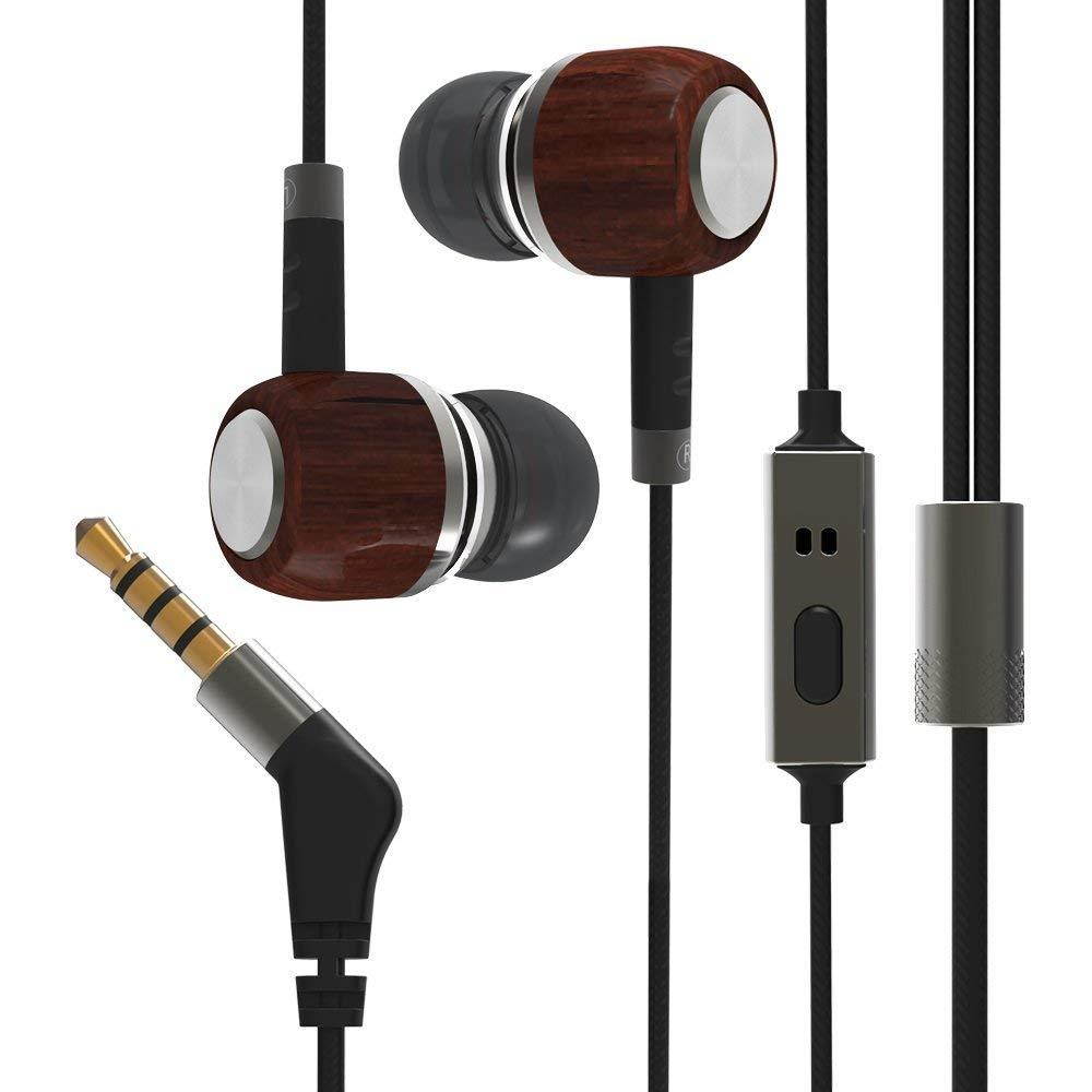 G-Most E8 Genuine Wood in Ear Headphones Earbuds with Microphone, Dual Dynamic Driver Earphones Noise-isolating Headset with Deep Bass and 1 Button Control for iPhone, iPad and Android Devices