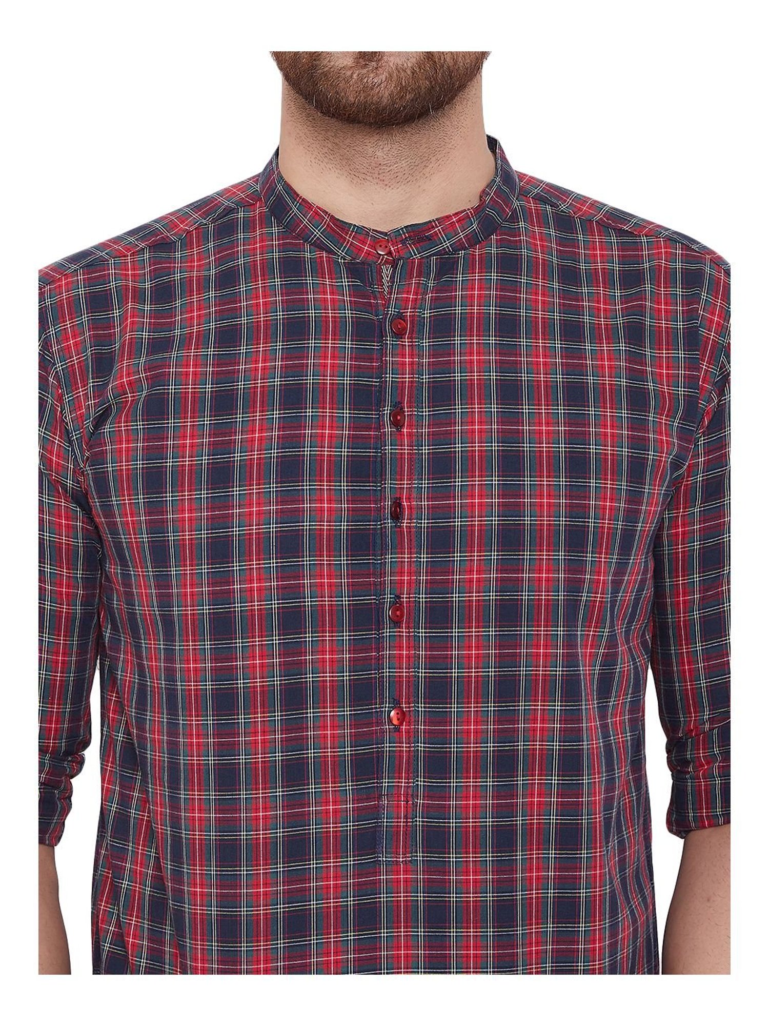 Even Red & Navy Cotton Regular Fit Checks Short Kurta