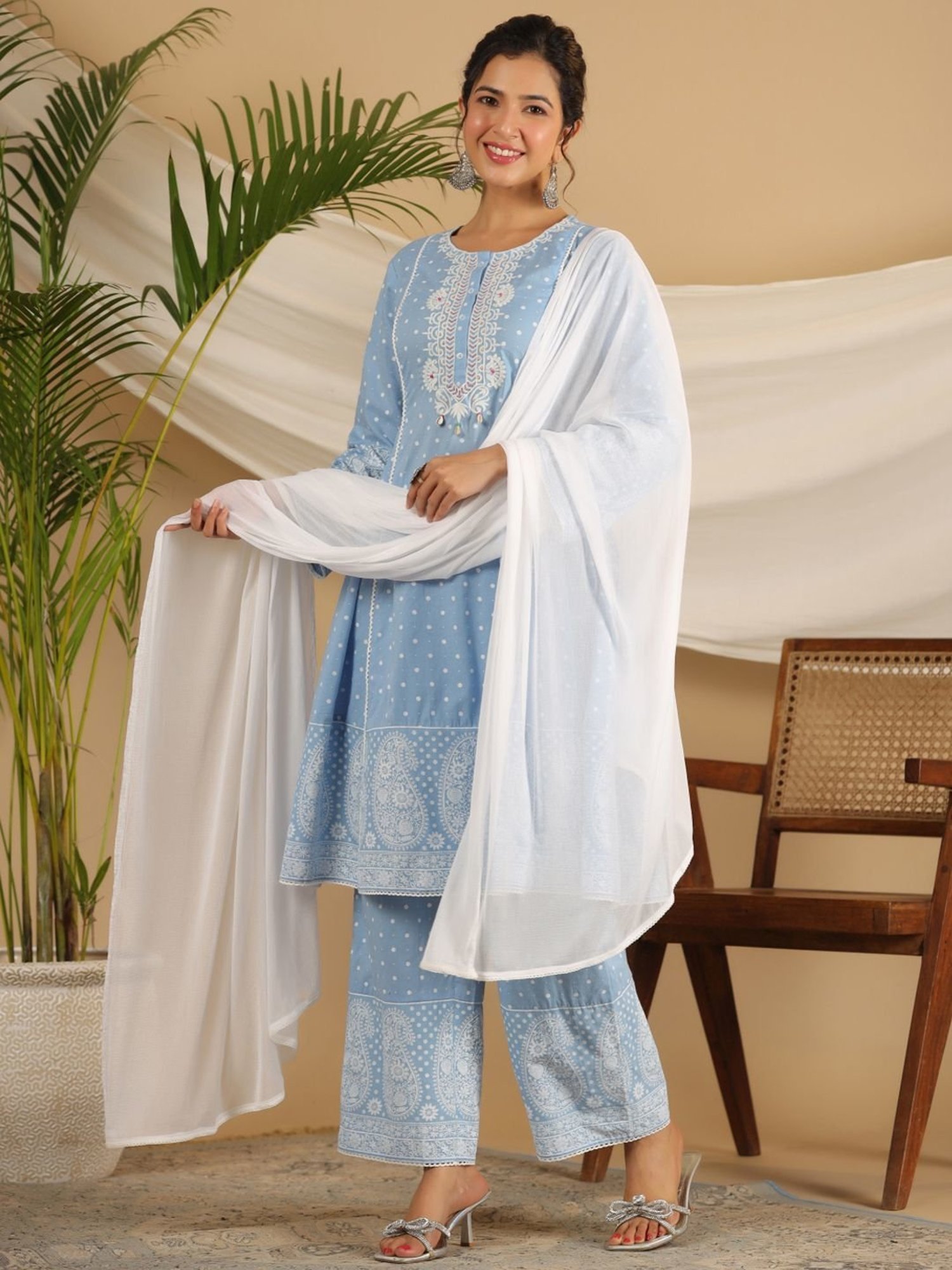Juniper Cotton Powder Blue Ethnic Motif Print Kurta Palazzo With Dupatta Set With Thread Embroidery