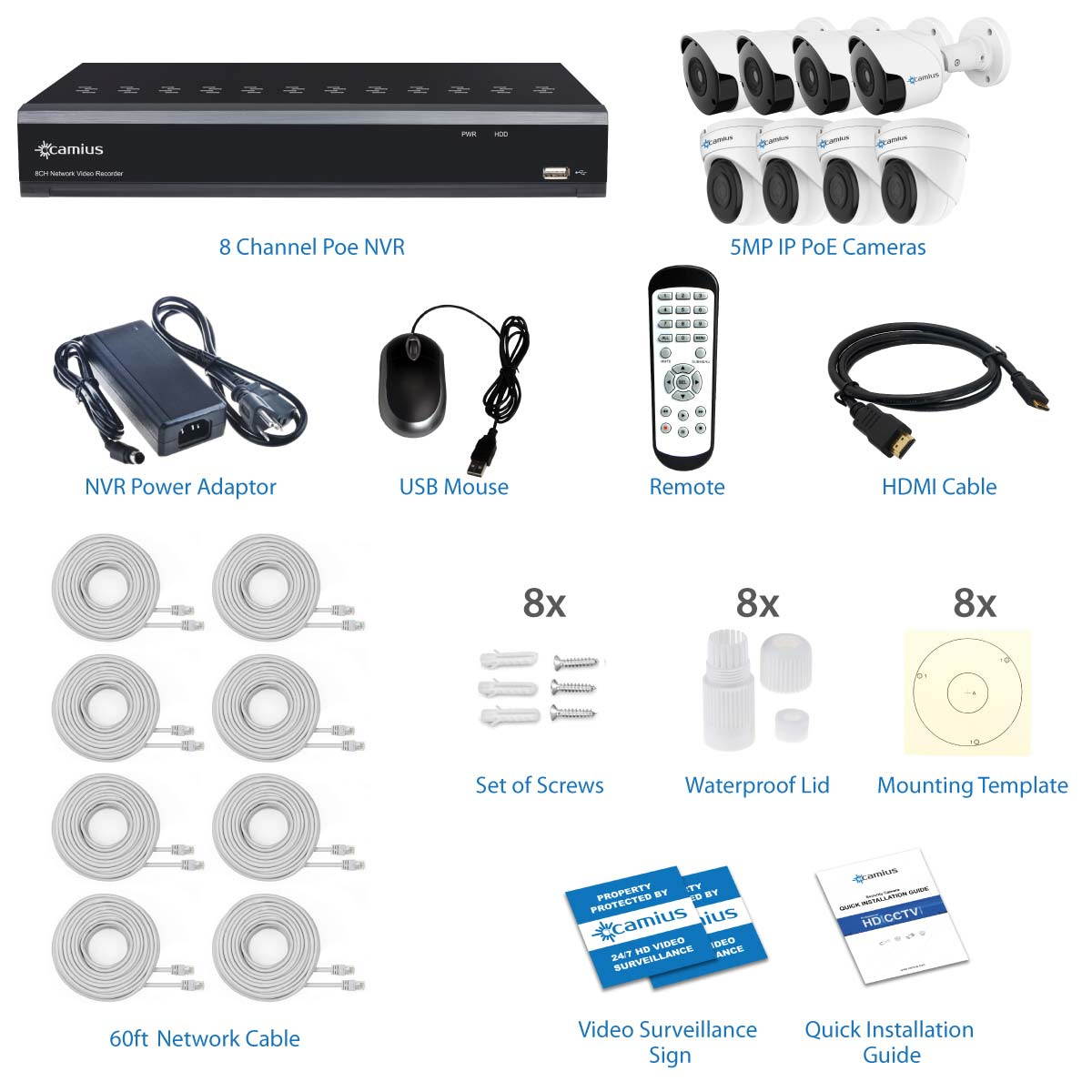 Camius 4K 8 Channel NVR security system with 4TB Hard Drive, 8 x 5MP Dome & Bullet PoE cameras with audio - built-in mic - Wide Angle View, Color Night Vision, Free PC, Mac NVR Software, Mobile App