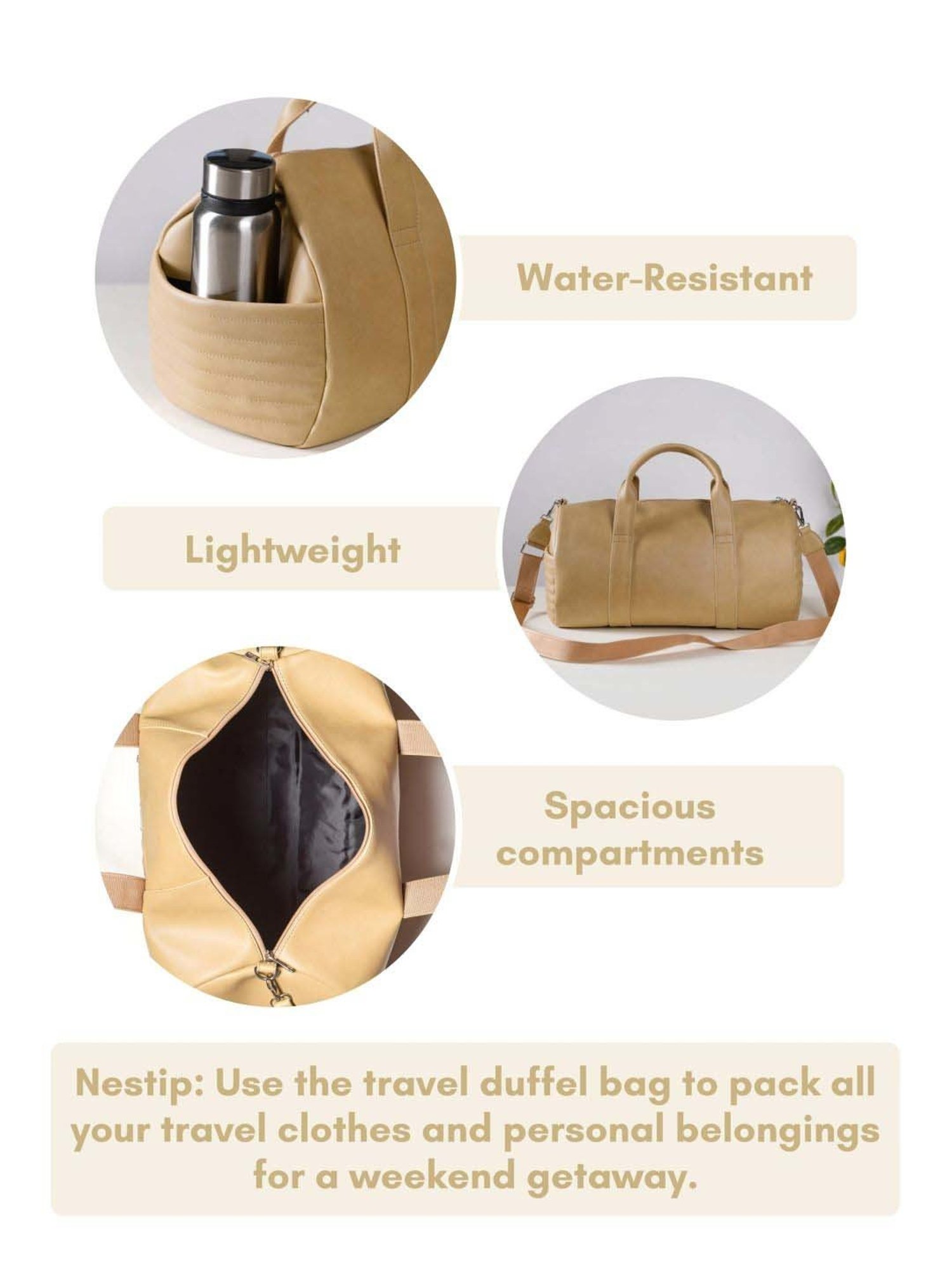 Nestasia Vegan Leather Large Size Beige Color Spacious Duffle Bag with Convenient Compartments