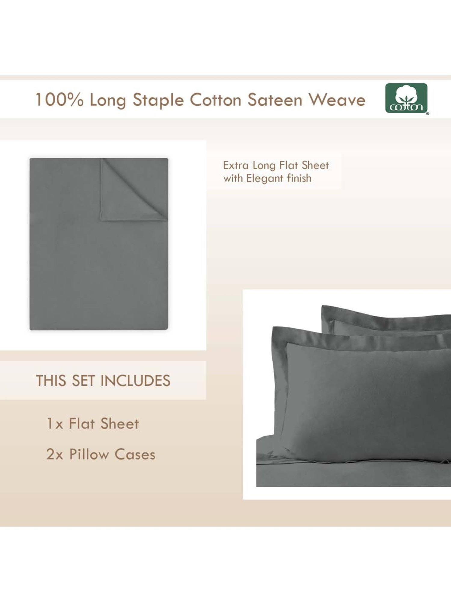 Pizuna 400TC 100% Cotton Dark Grey Flat Bed Sheet Double Size With 2 Pillow Cover Size