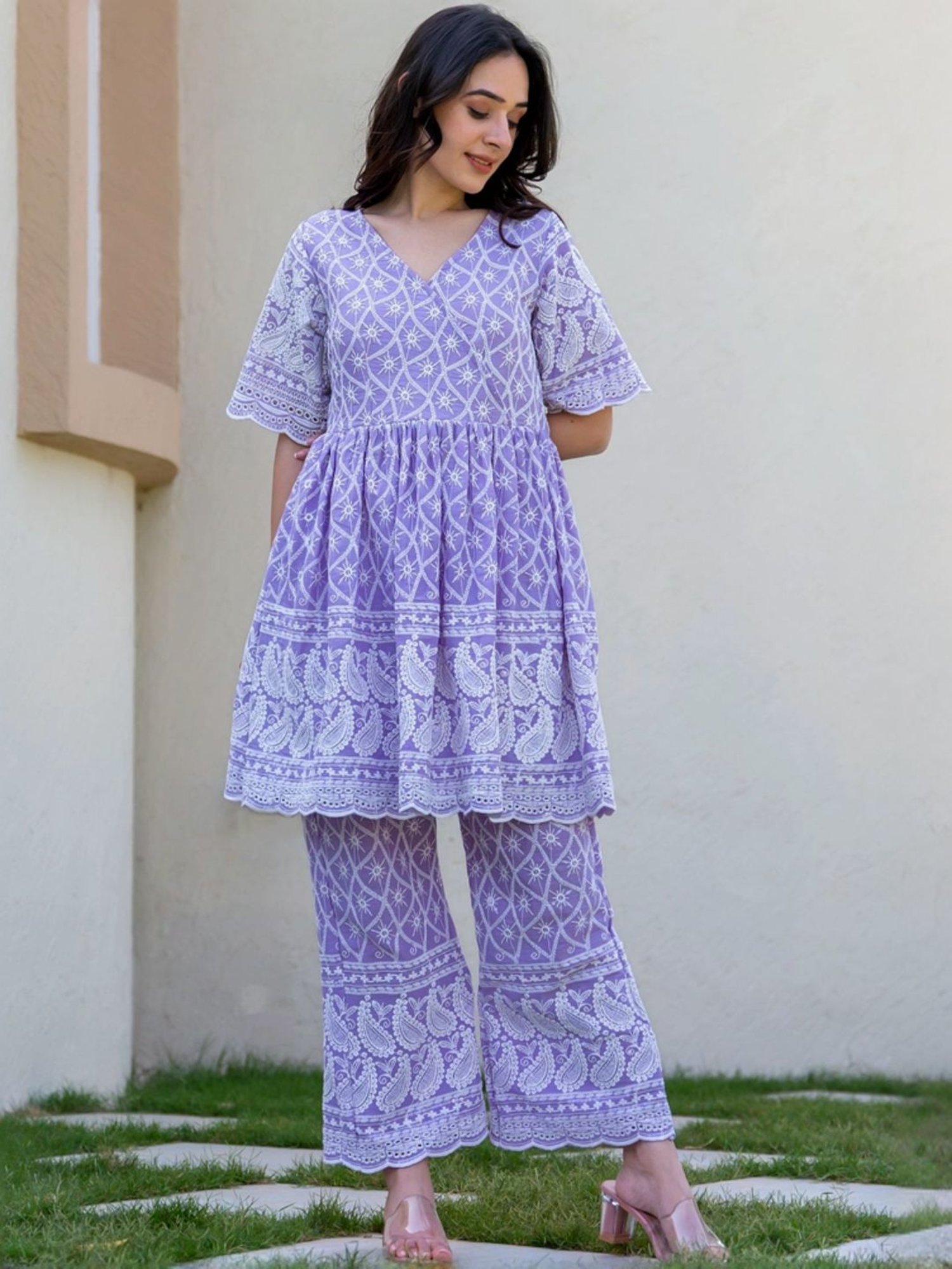 HOUSE OF JAMOTI Purple Cotton Embroidered Tunic Pant Set