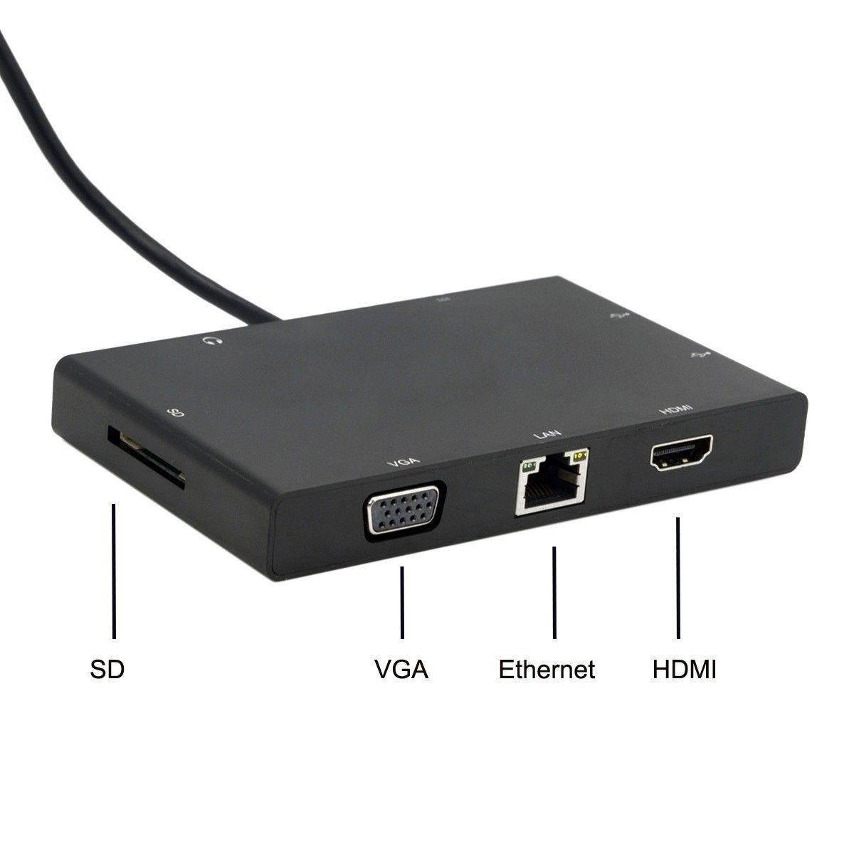 USB 3.1 USB-C to VGA/HDMI/2 Ports USB 3.0 HUB/SD Card Reader/100Mbps Ethernet RJ45 LAN/3.5mm Audio/PD USB Type C Charge Port for New Macbook