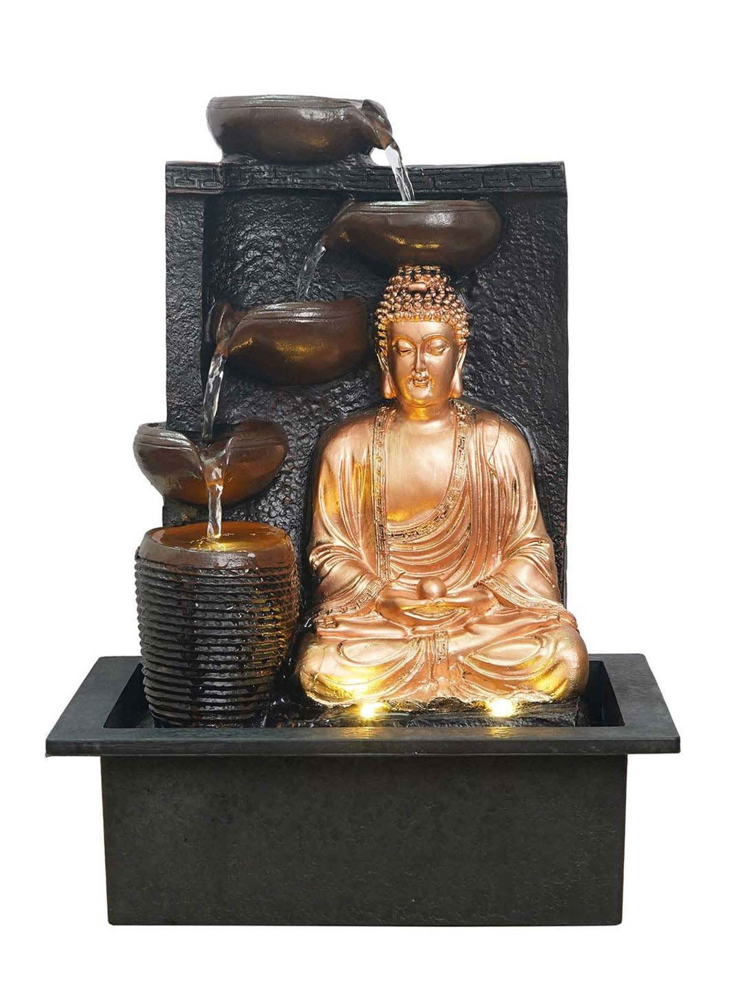 CHRONIKLE Golden Brown Polyresin Meditating Buddha 4 Steps Waterfall Fountain