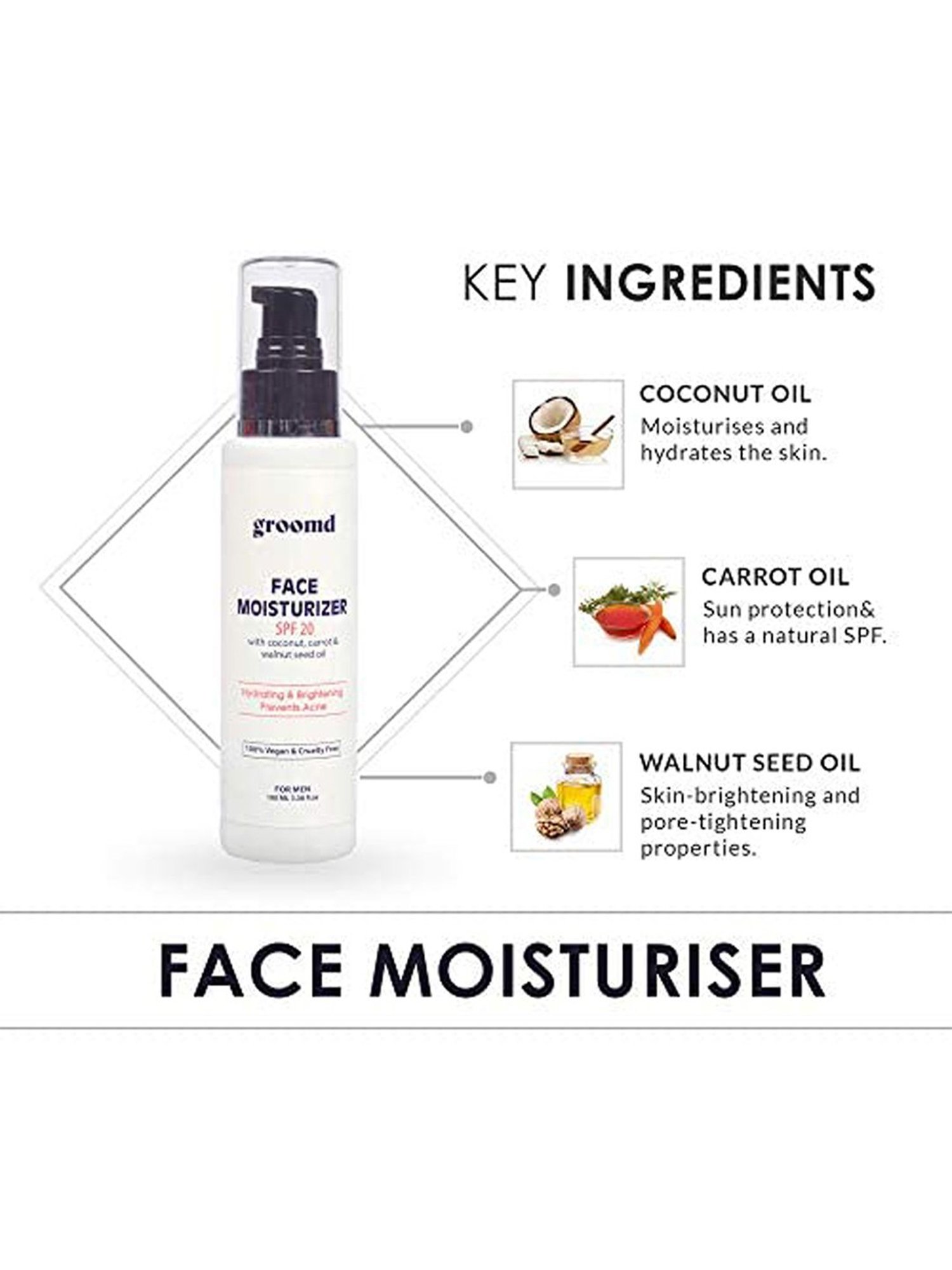 Groomd Face Moisturizer (SPF 20) with Coconut Oil, Carrot Oil & Walnut Seed Oil - Hydrating (100 ml)