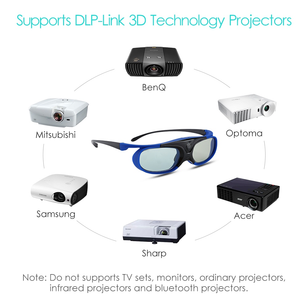 BOBLOV JX-30 3D Active Shutter Glasses DLP-Link 96Hz/144Hz USB Rechargeable Home Theater Blue For BenQ Dell Acer Optama Sony Projector