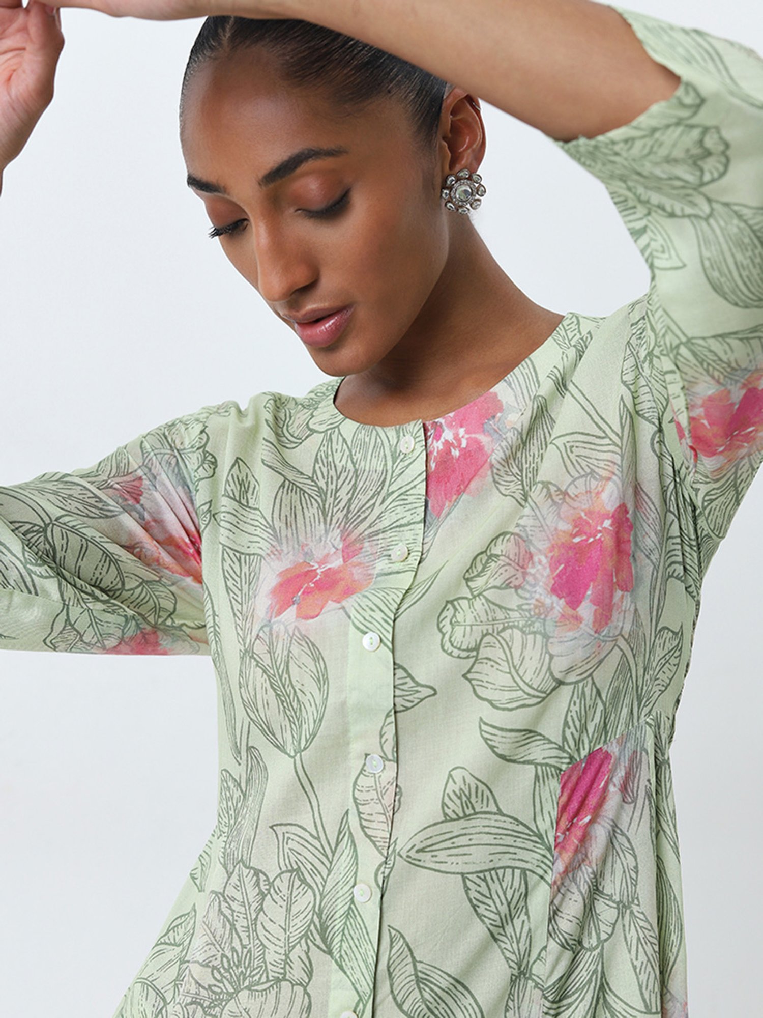Zuba by Westside Light Green Leaf Printed A-Line Kurta