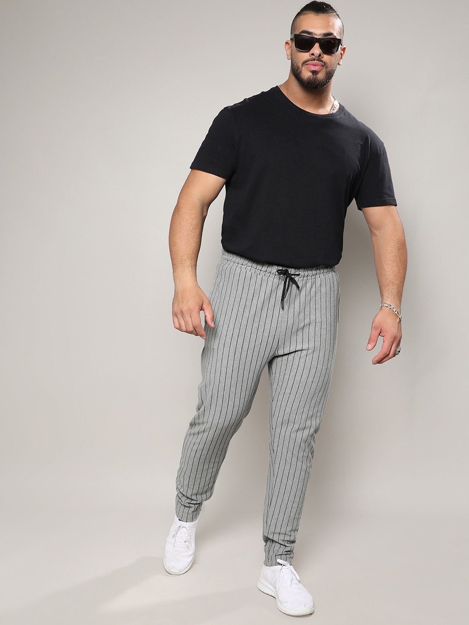 Instafab Plus Moon Grey Cotton Regular Fit Striped Plus Size Trackpants