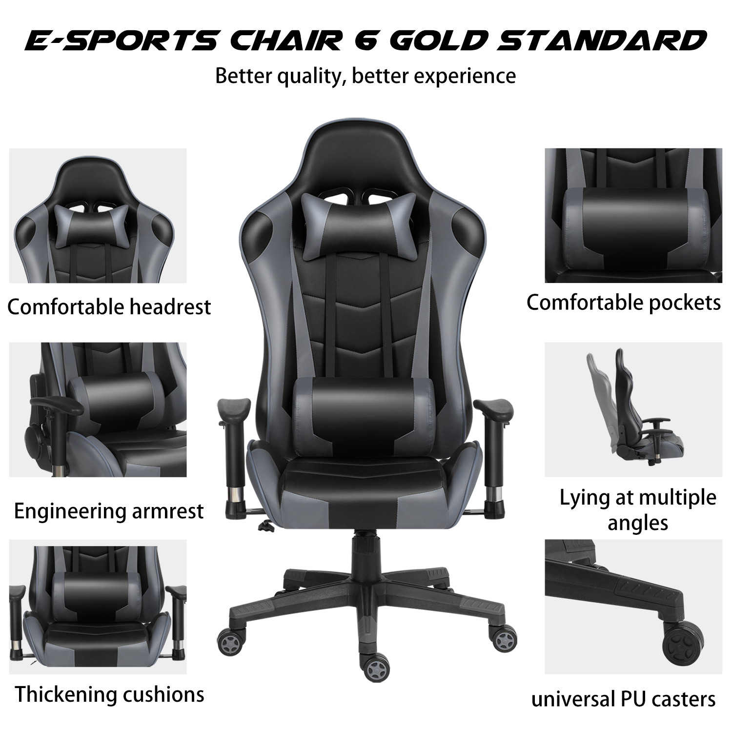 Gaming Chair Racing Office Chair Ergonomic Massage Chair PU Leather Recliner Computer Game Chair with Headrest and Lumbar Pillow Rolling Swivel Task (Black/Grey)