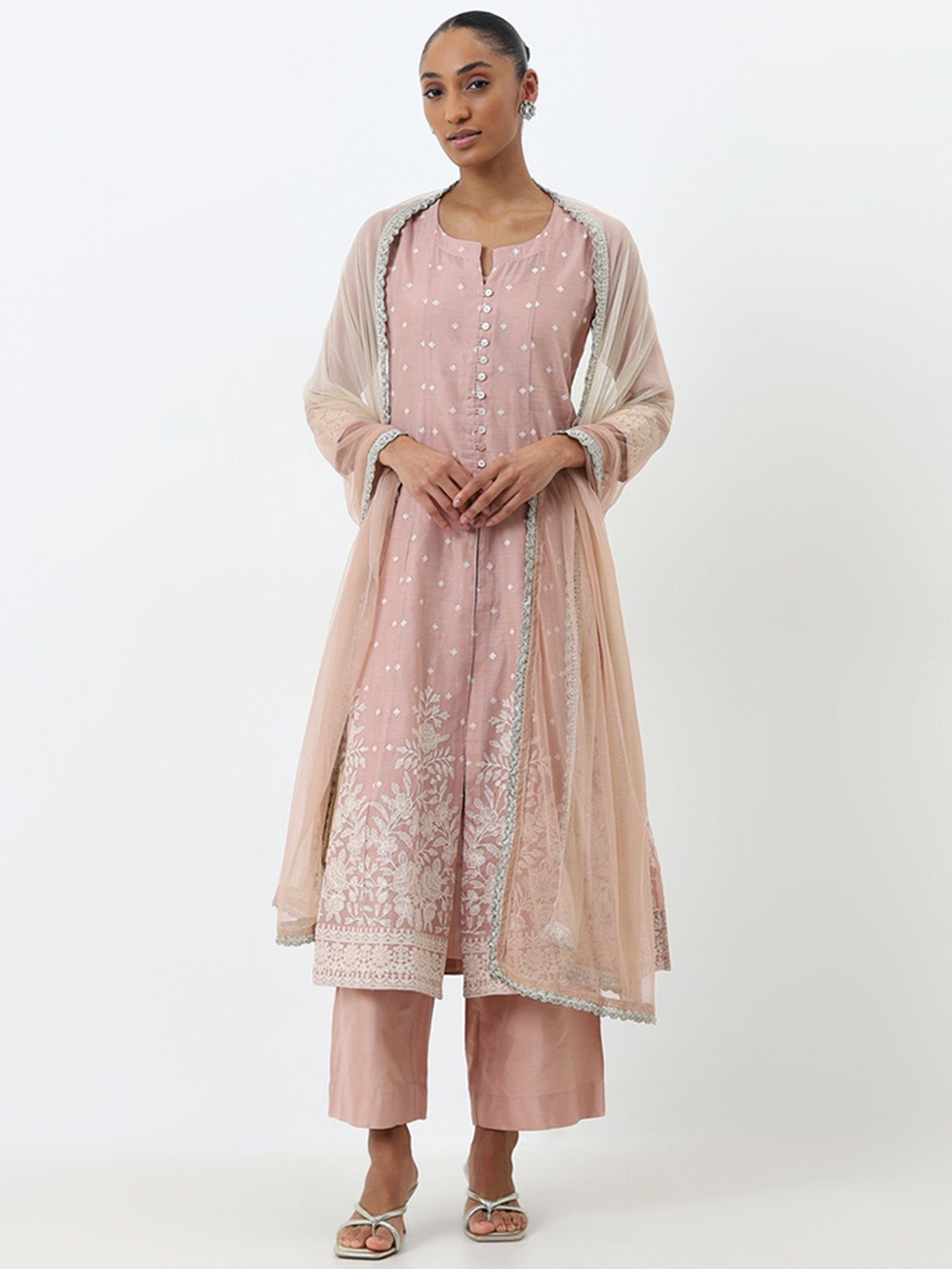 Vark by Westside Blush Pink Embroidered Kurta, Pants and Dupatta Set