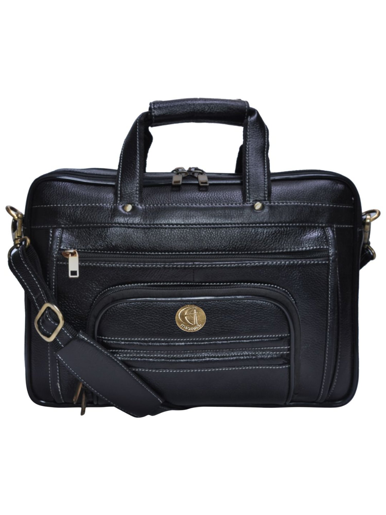 HiLEDER 100% Pure Genuine Leather 15 inch Office Bag Briefcase Laptop Messenger Shoulder Bag, Black