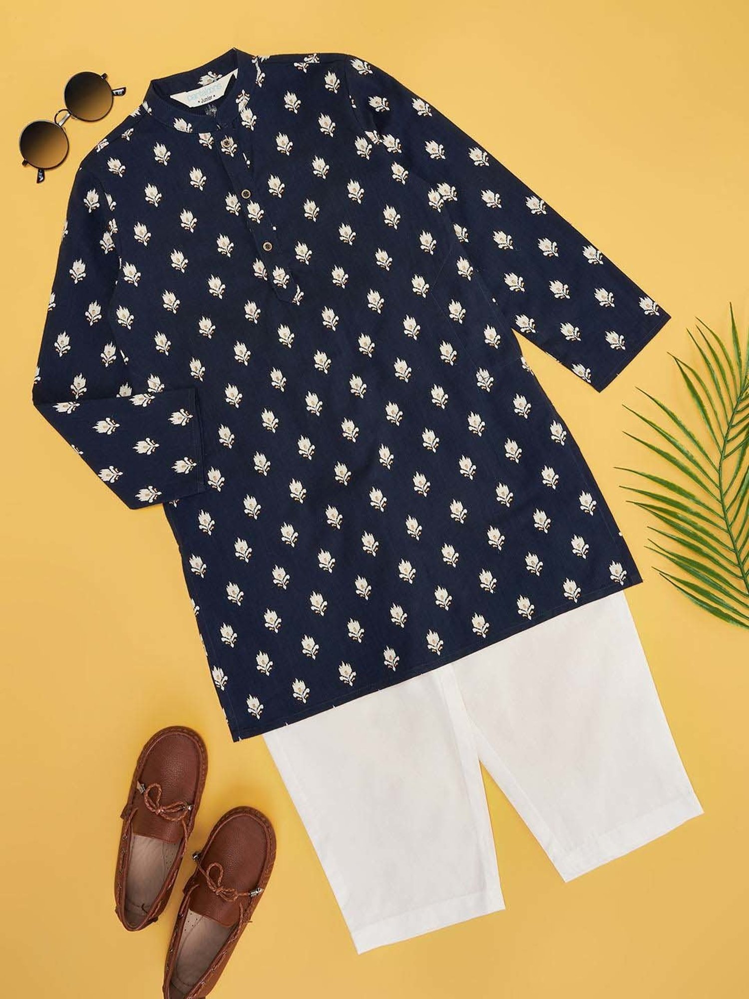 Indus Route by Pantaloons Kids Navy & White Cotton Floral Print Full Sleeves Kurta Set
