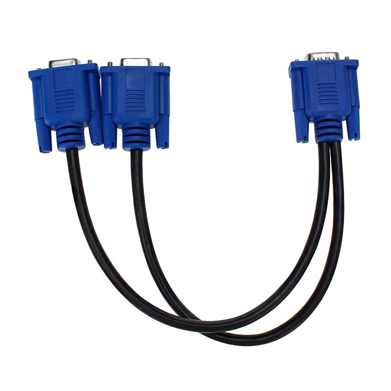 VGA Monitor Y-Splitter Cable,VGA 1 Male to Dual 2 VGA Female Adapter Converter Video Cable for Screen Duplication - 1 Foot(Blue)