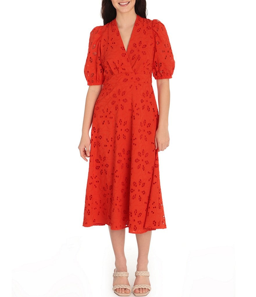 Maggy London Eyelet Short Puff Sleeve Midi Dress