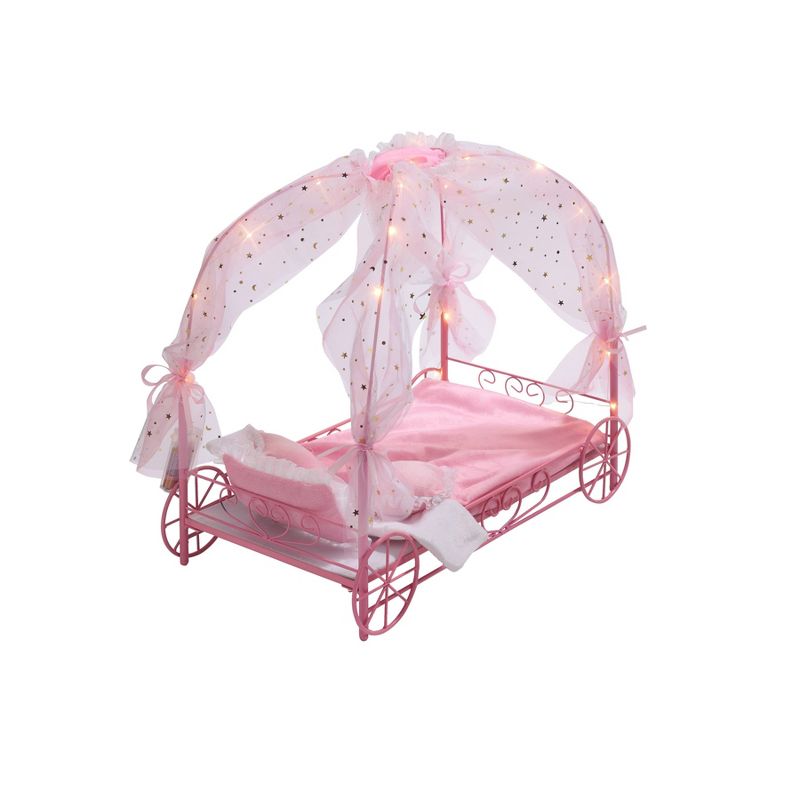Badger Basket Royal Carriage Metal Doll Bed with Canopy Bedding and LED Lights - Pink/White/Stars